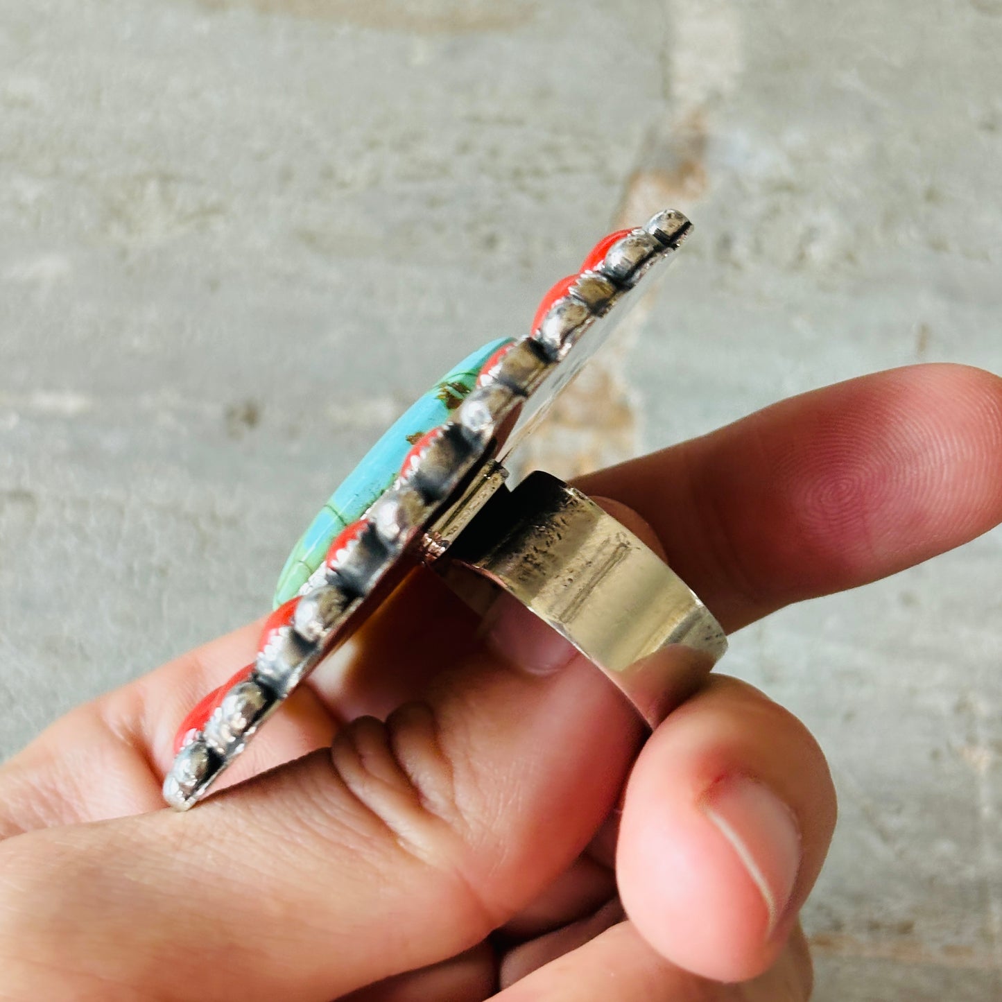 Navajo Hemerson Brown Sterling Silver - Red Coral & Sonoran Turquoise Cluster Ring