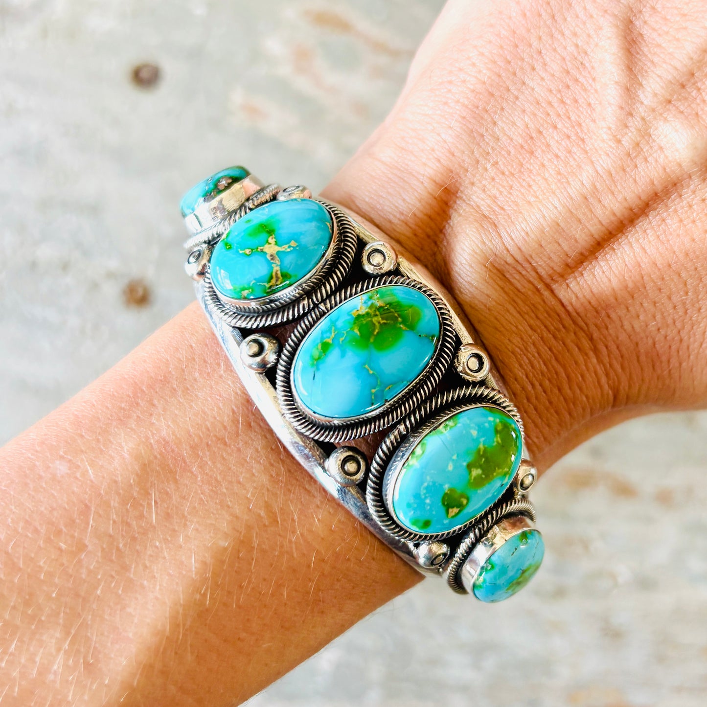 Navajo Hemerson Brown Sterling Silver & Sonoran Turquoise Statement Cuff