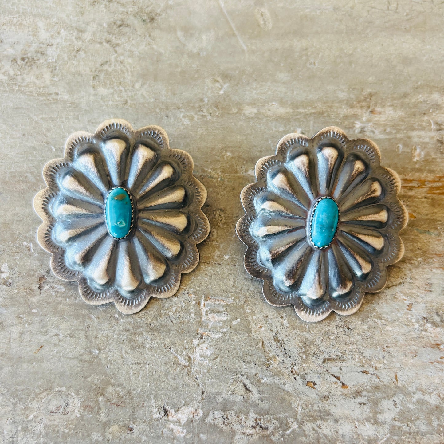 Navajo Signed Sterling Silver & Kingman Turquoise Concho Earrings