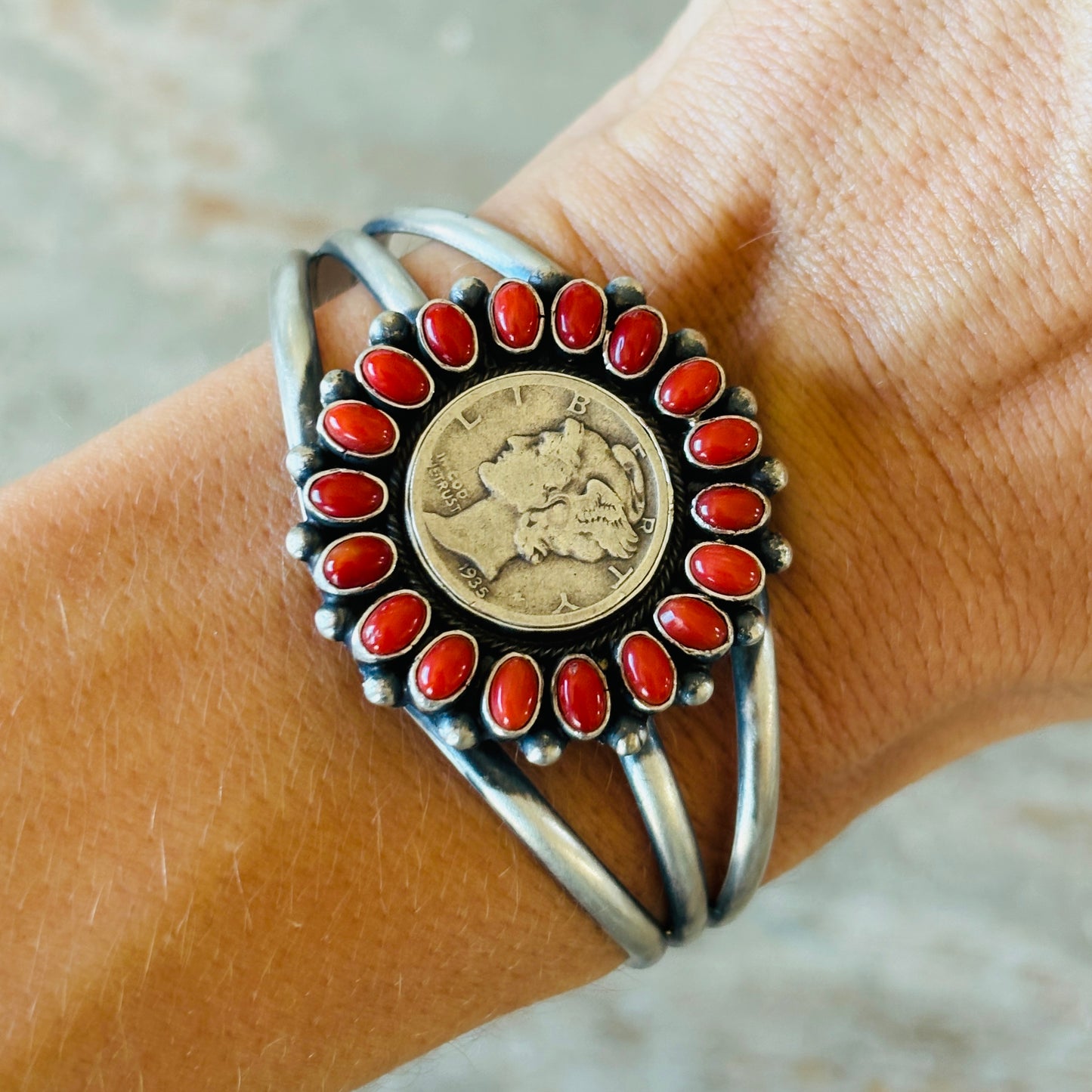 Navajo Darrin Livingston Sterling Silver & Red Coral Coin Cuff