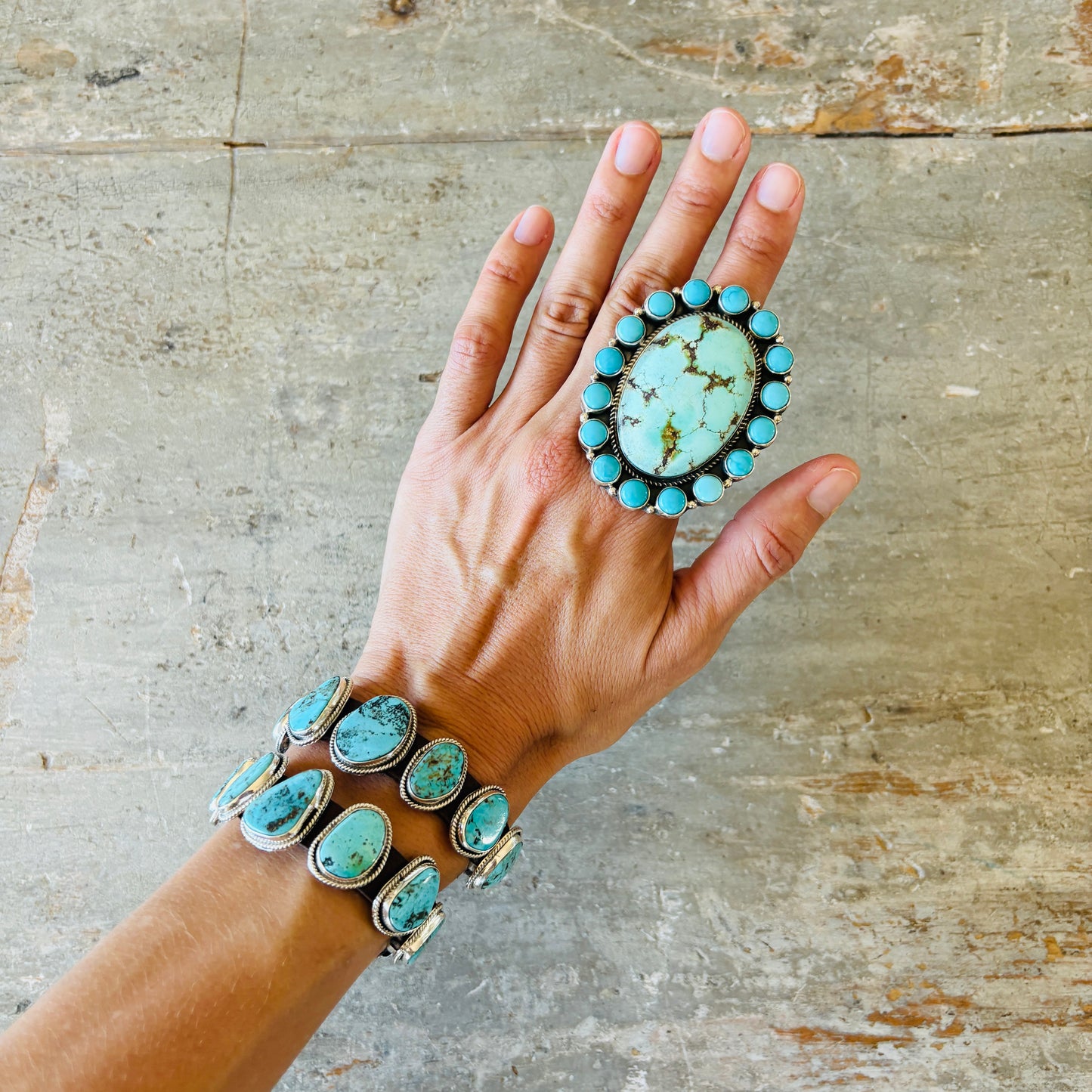 Navajo Geraldine James Sterling Silver - Kingman & Sonoran Gold Turquoise Cluster Ring