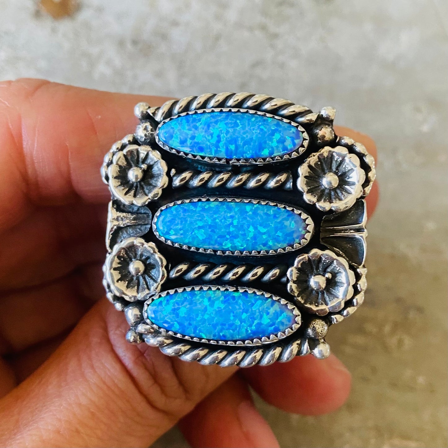 Navajo Kindale Billah Sterling Silver & Blue Lab Opal Floral Ring