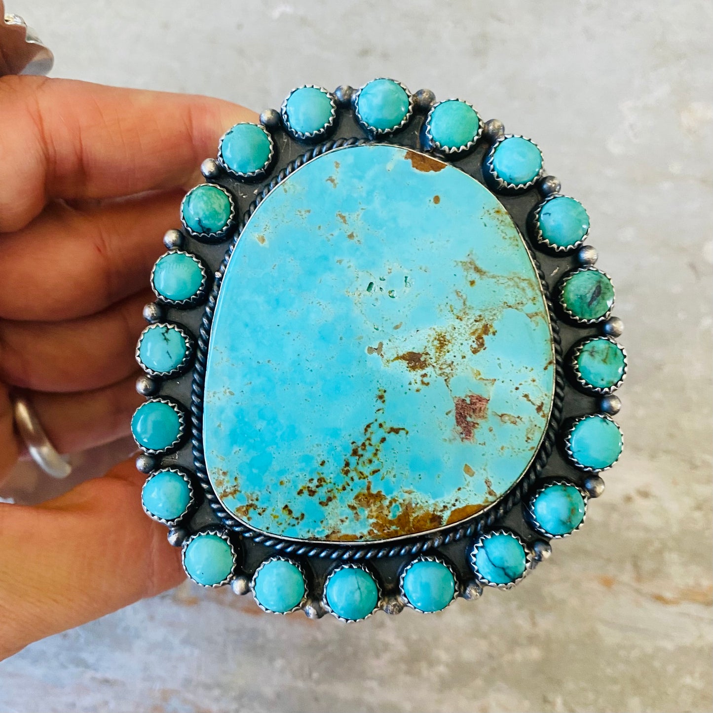 Navajo Kindale Billah Sterling Silver & Kingman Turquoise Cluster Statement Cuff