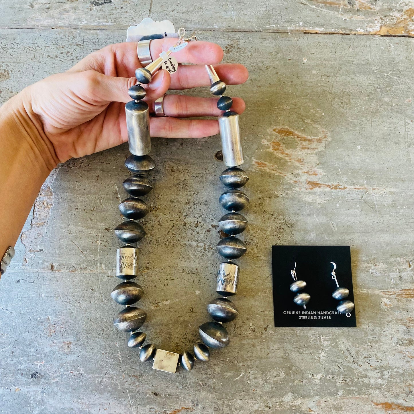 Navajo Sharon Cooley - Nez Sterling Silver Handmade Graduated Pearls Necklace Set