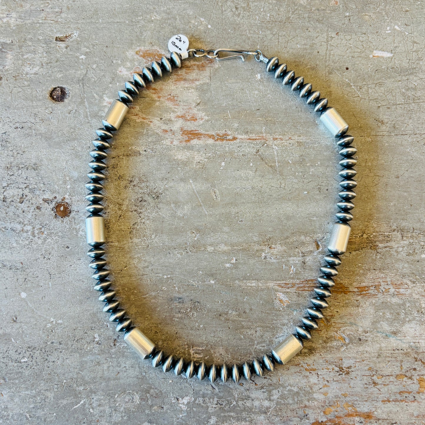 Navajo Tonisha Haley Sterling Silver 10mm Handmade Saucer - Tube Beads Pearl Necklace