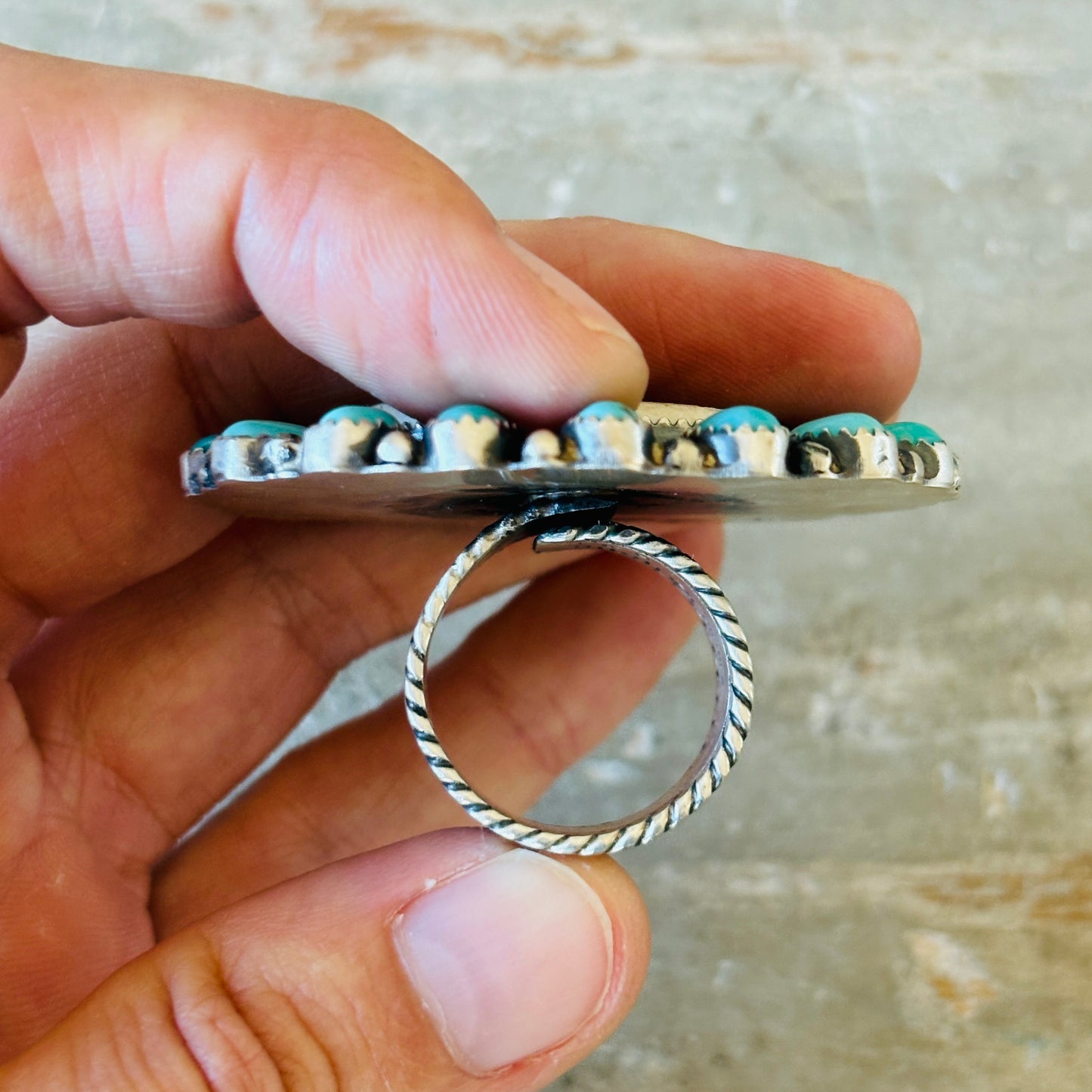 Navajo Kindale Billah Sterling Silver & Campitos Turquoise Canoe Ring