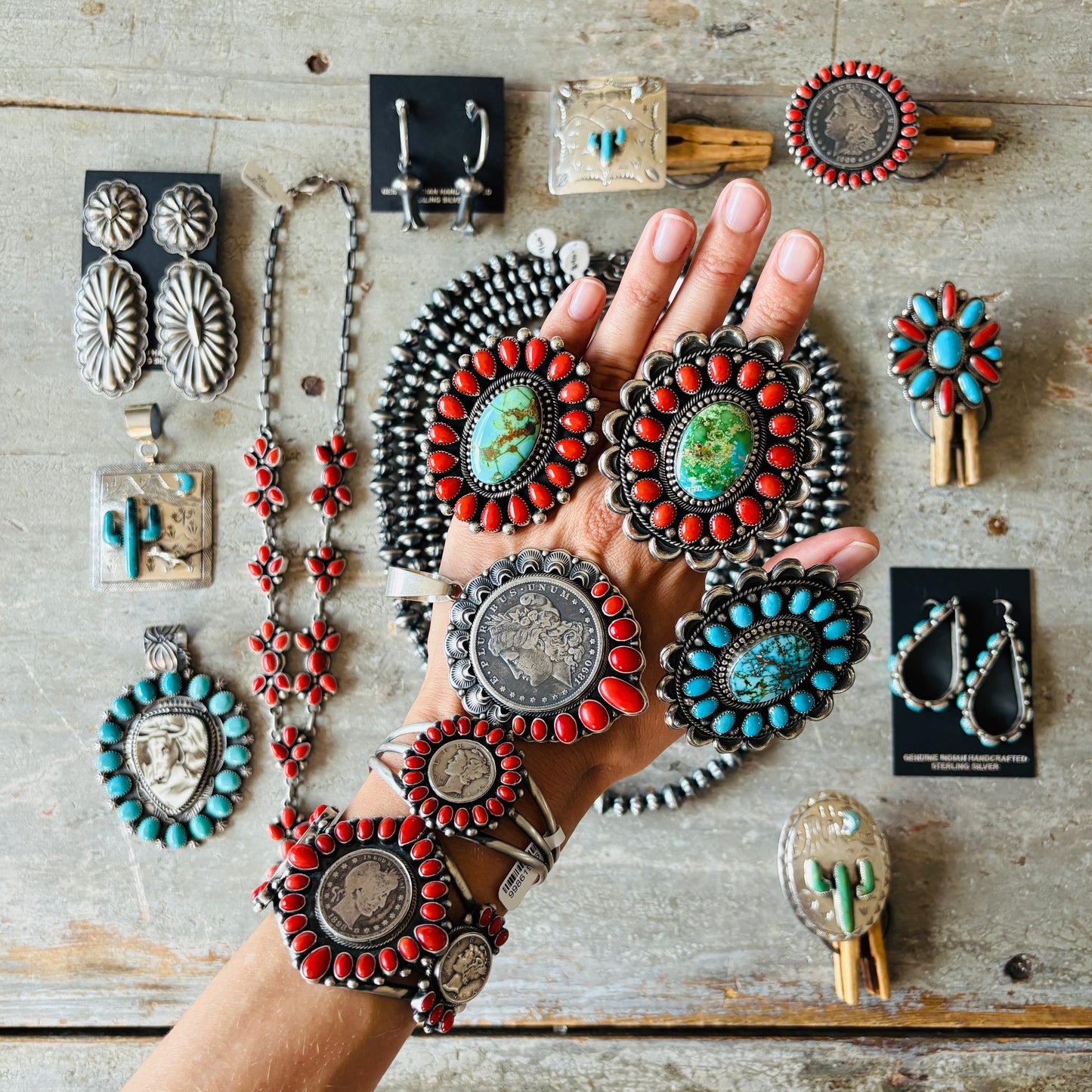 Navajo Hemerson Brown Sterling Silver - Red Coral & Sonoran Turquoise Cluster Ring
