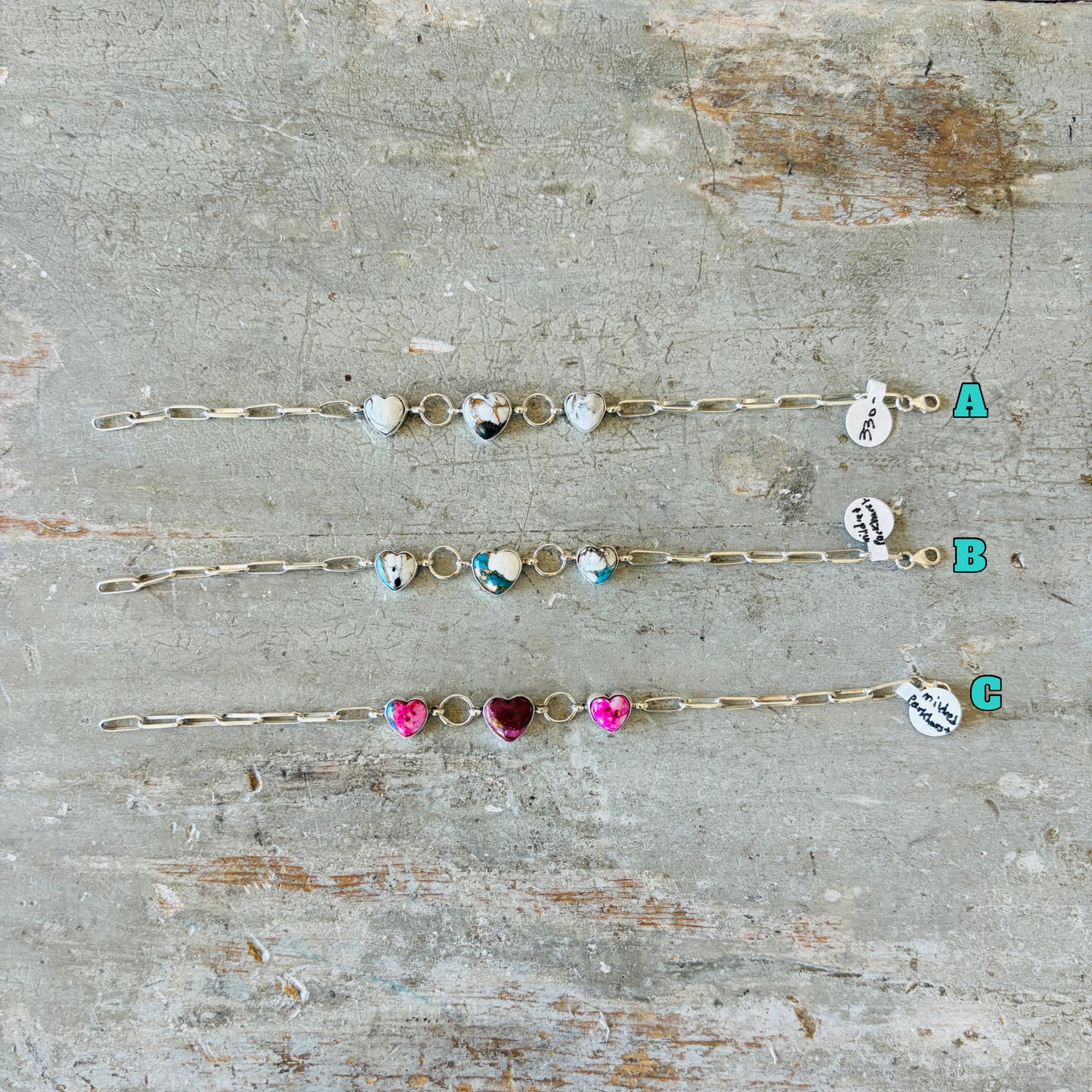 Navajo Mildred Parkhurst Sterling Silver & Mojave Paper Clip Chain Heart Bracelets