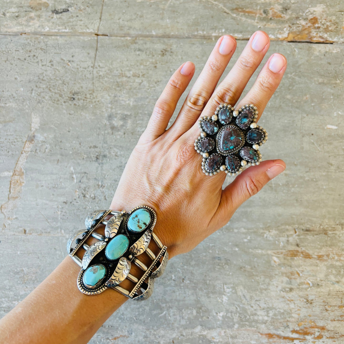 Navajo Chris Etsitty Sterling Silver & Bisbee Turquoise Cluster Ring
