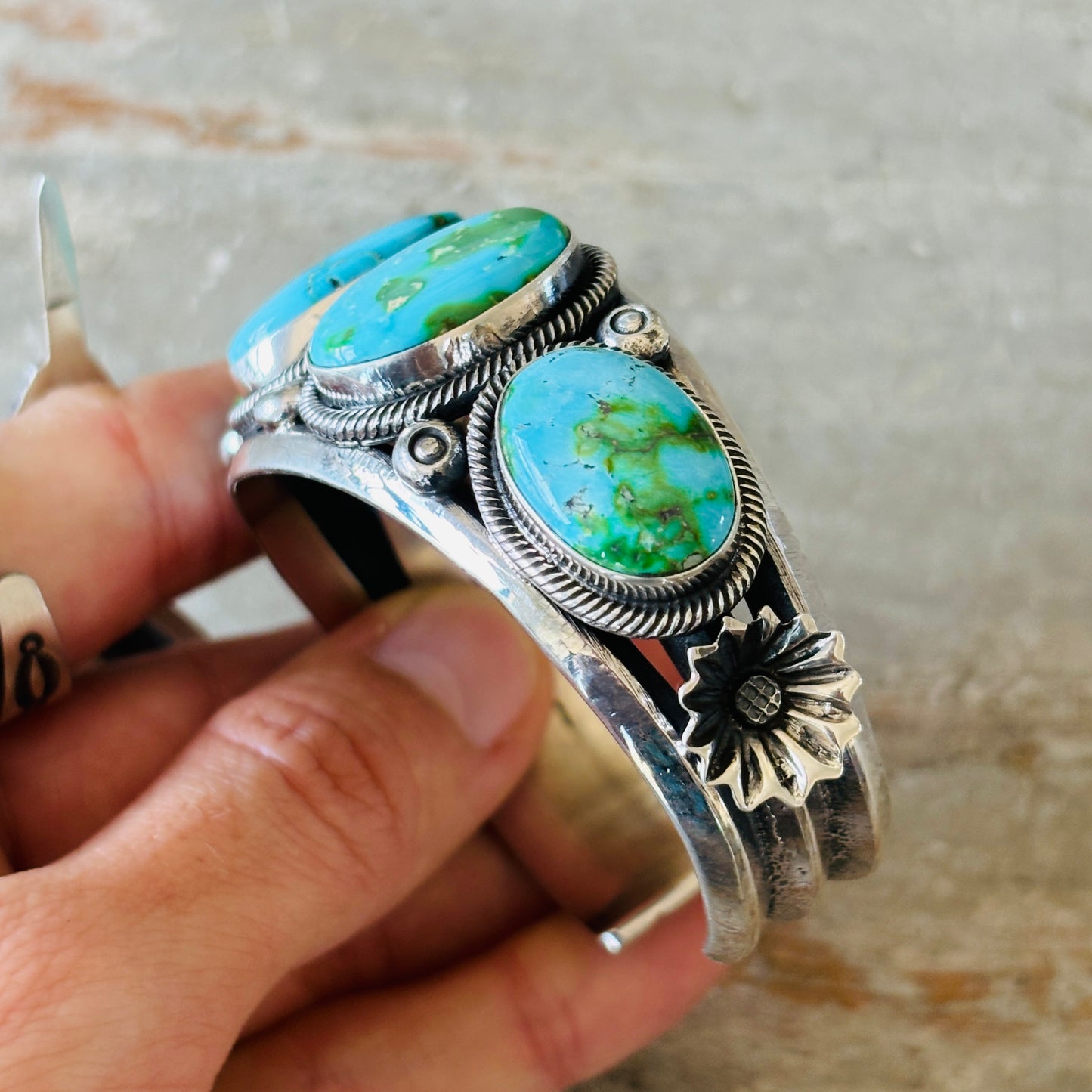 Navajo Hemerson Brown Sterling Silver & Sonoran Turquoise Statement Cuff