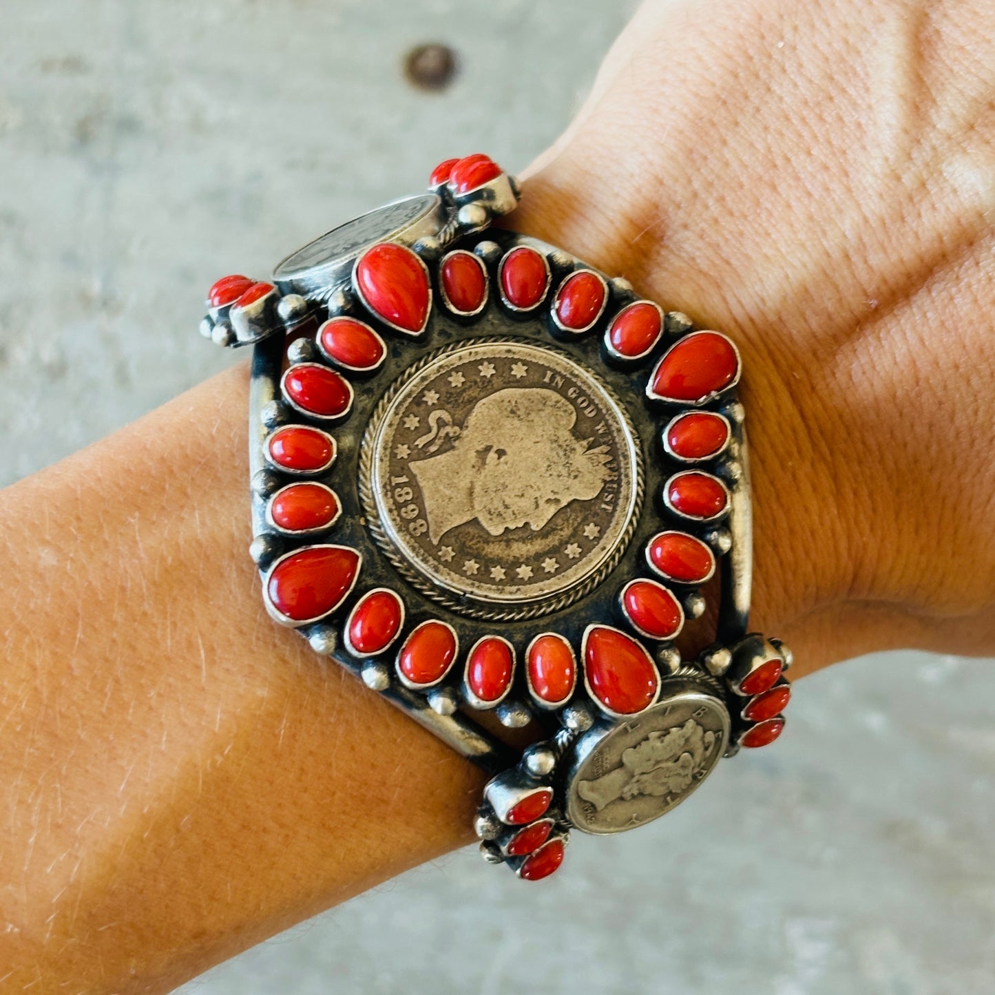 Navajo Darrin Livingston Sterling Silver & Red Coral Coin Cuff