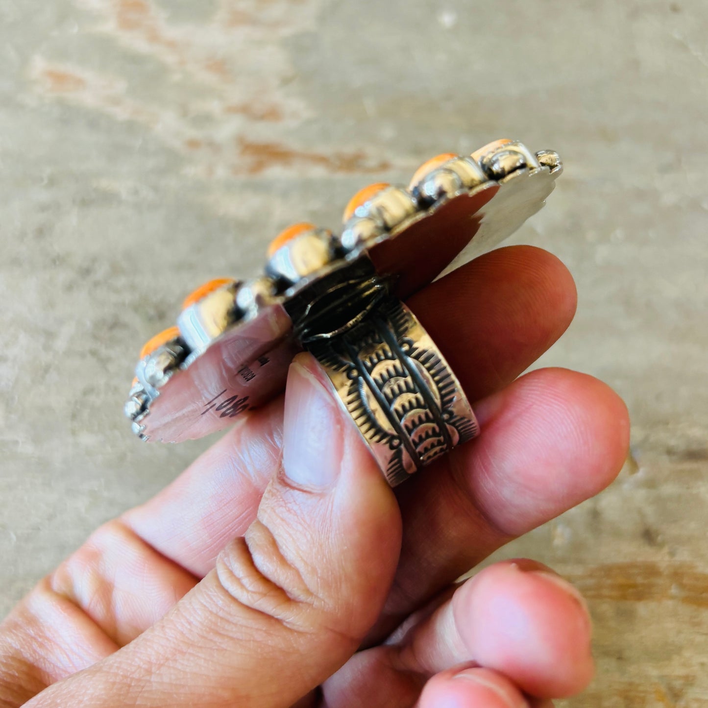 Navajo Dustin Francisco Sterling Silver - Orange Spiny Oyster & Royston Turquoise Cluster Ring