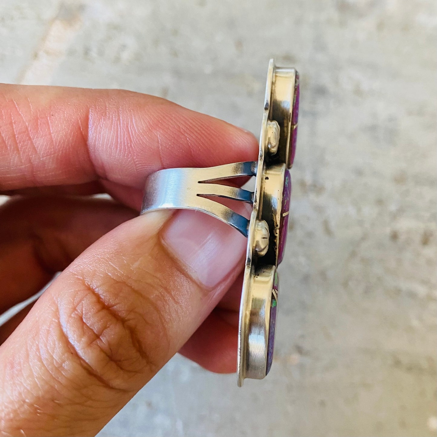 Navajo Signed Sterling Silver & Purple Blue Lab Opal Hearts Ring