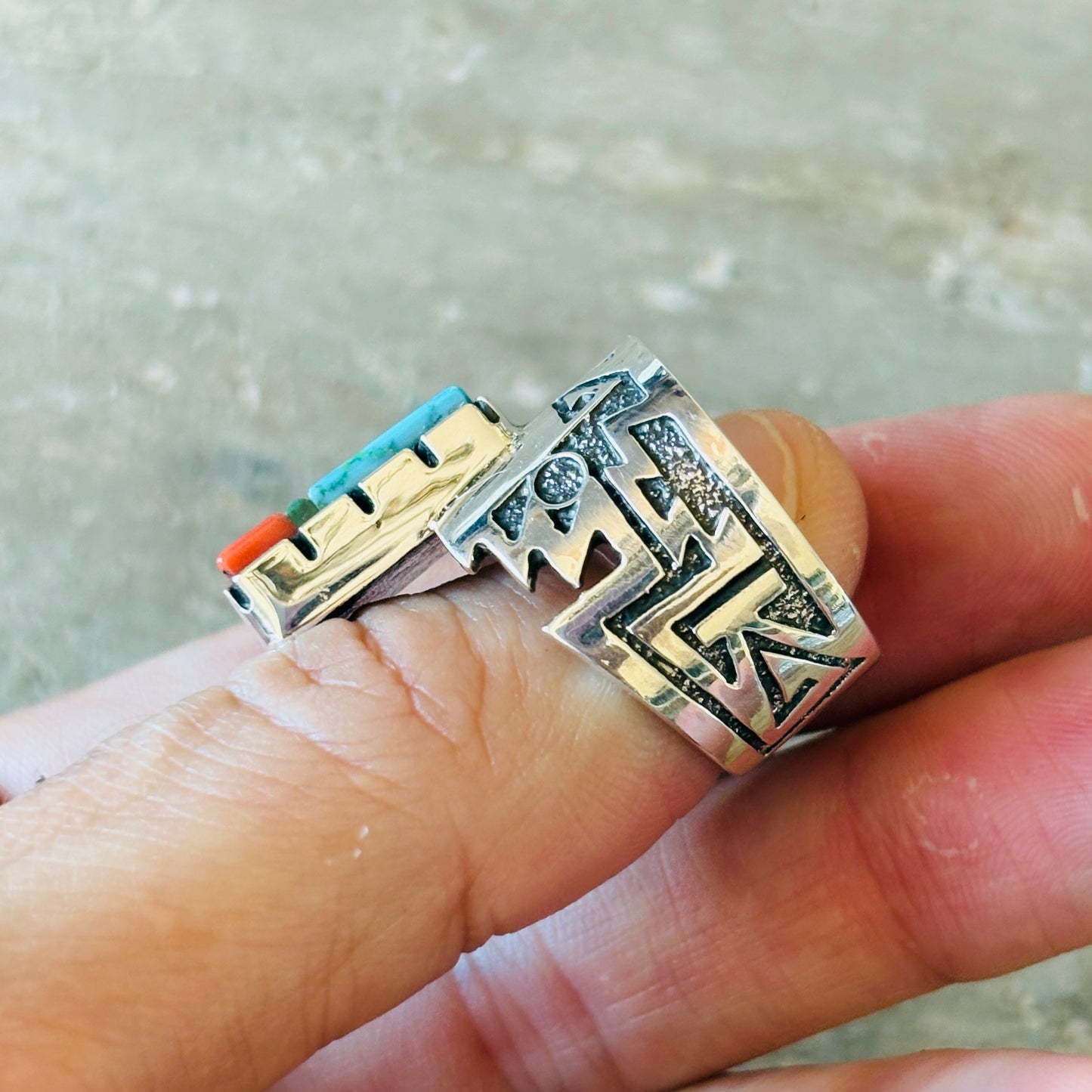 Navajo Richard Tsosie Sterling Silver - Red Coral & Multi Stone Cobblestone Ring