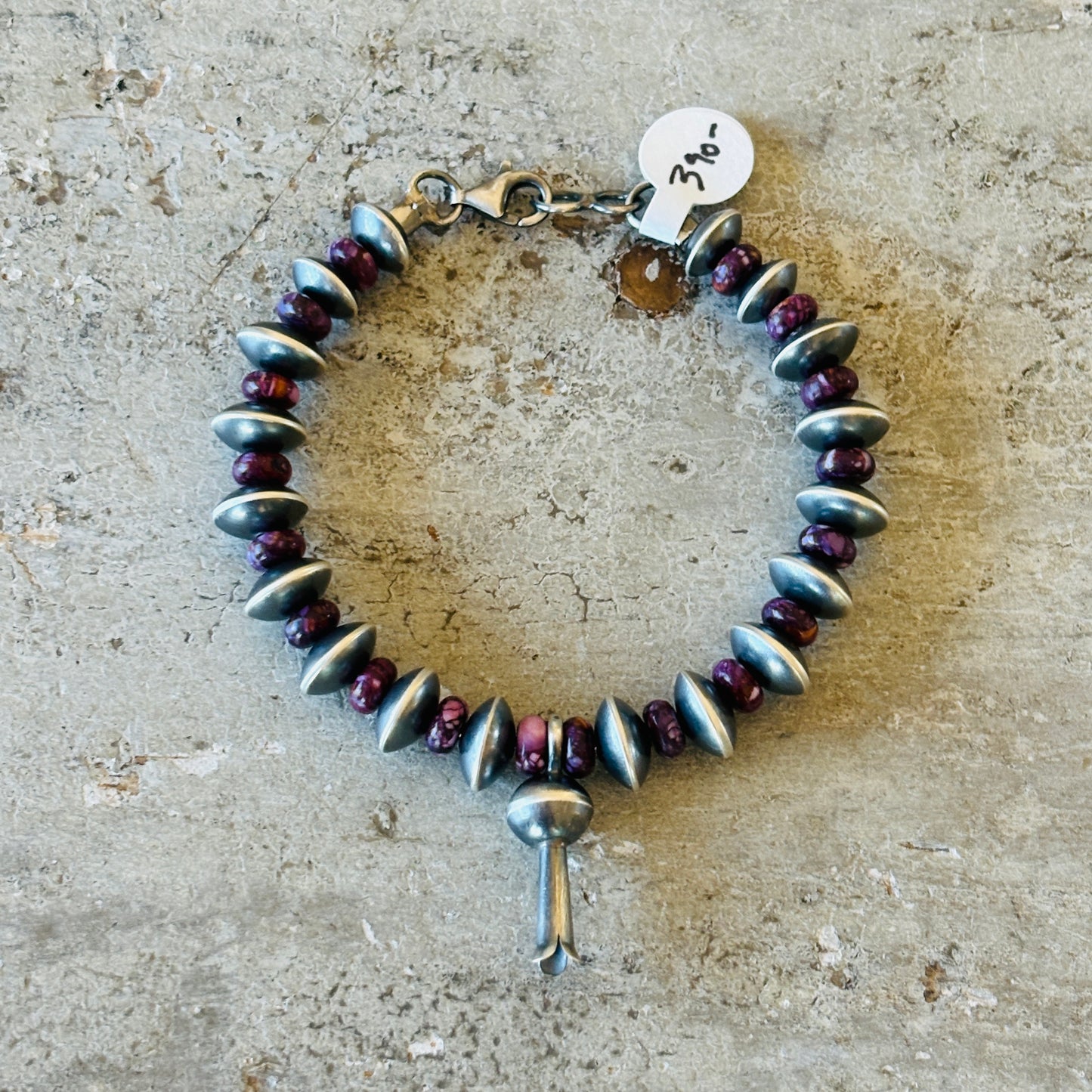 Navajo Preston Haley Sterling Silver & Purple Spiny Oyster 7mm Saucer Handmade Pearls Blossom Bracelet