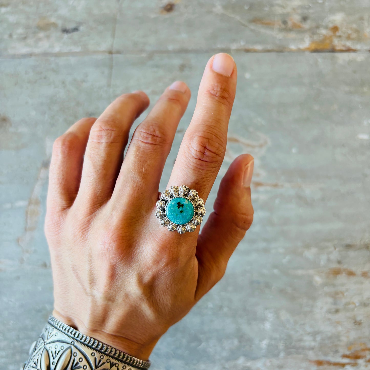 Navajo Renyold Begay Sterling Silver & Sonoran Mountain Turquoise Floral Ring