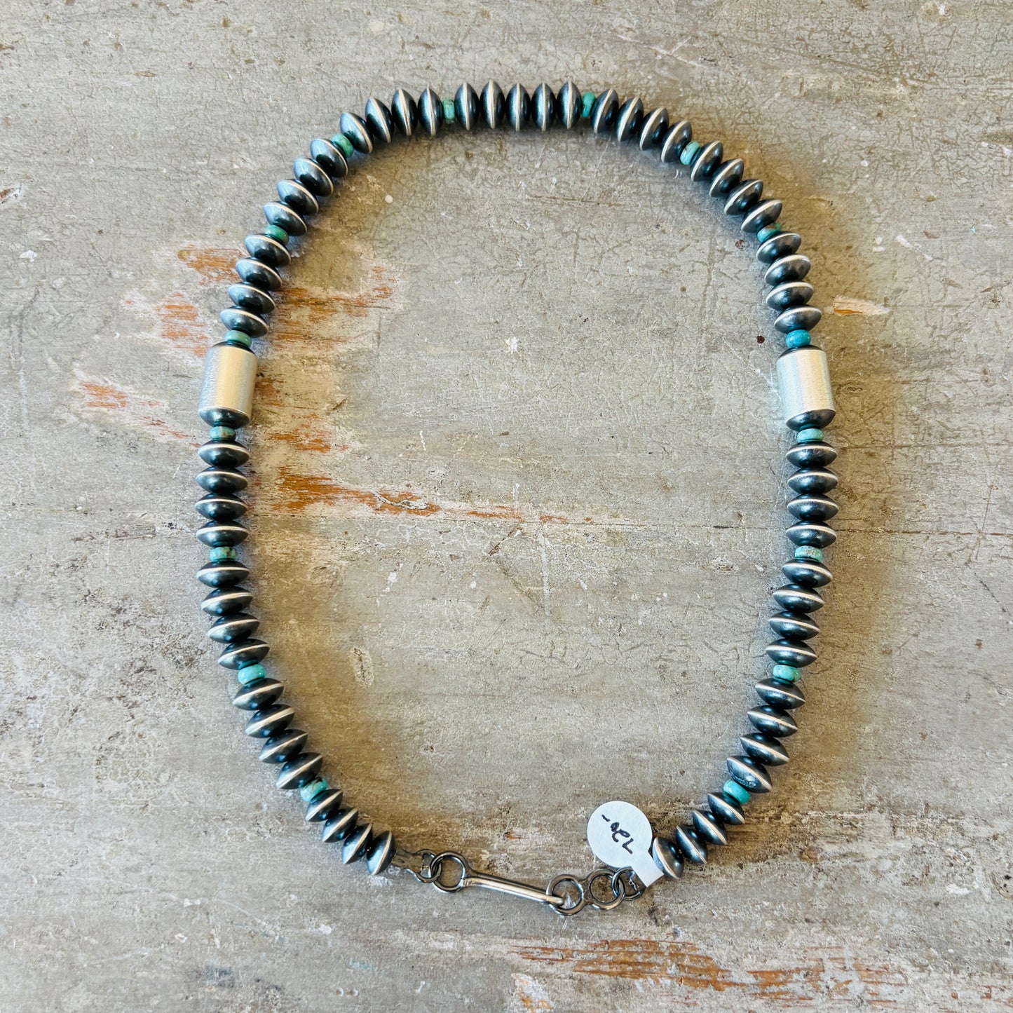 Navajo Tonisha Haley Sterling Silver & Campitos Turquoise 7mm Handmade Saucer - Tube Beads Pearl Necklace