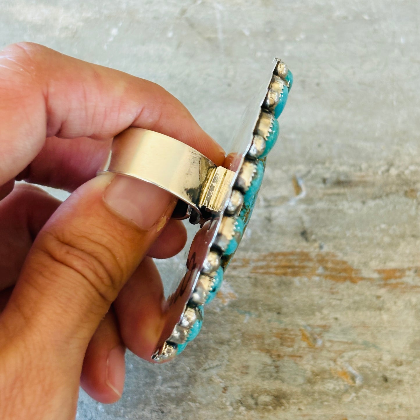 Navajo Hemerson Brown Sterling Silver & Kingman Turquoise Cluster Ring