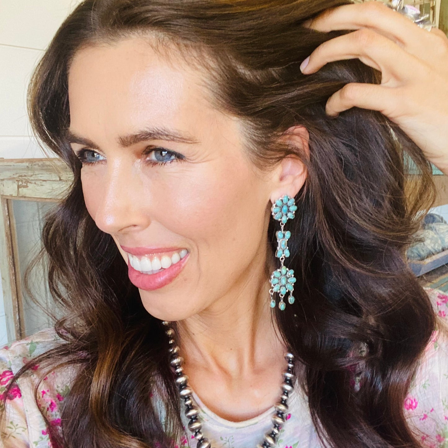 Navajo Pearlene Spencer Sterling Silver & Kingman Turquoise Cluster Earrings