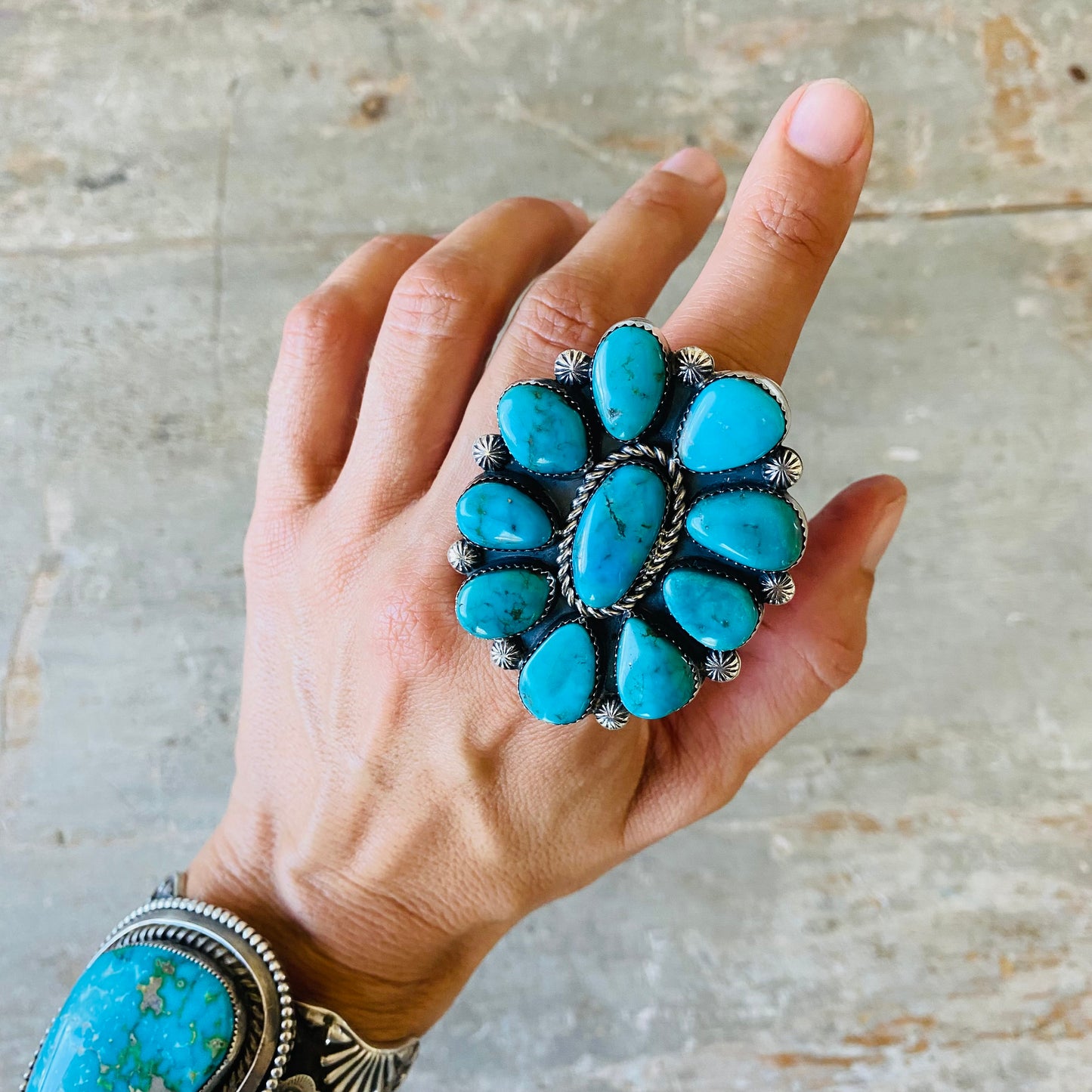 Navajo Lorenzo Jerilyn Chee Sterling Silver & Kingman Turquoise Cluster Ring