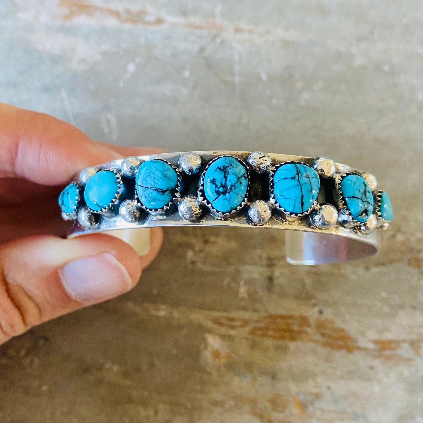 Navajo Lorenzo Jerilyn Chee Sterling Silver & Kingman Turquoise Stacker Cuff