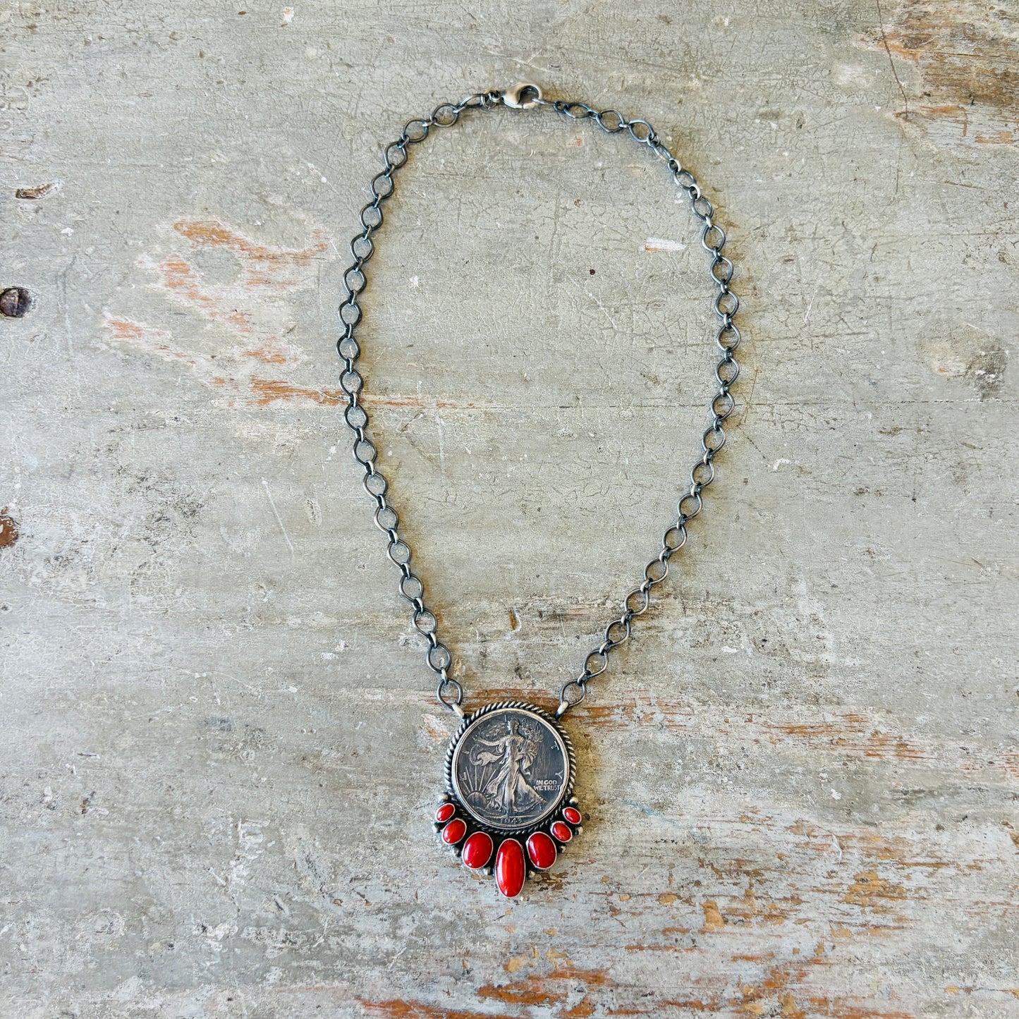 Navajo Darrin Livingston Sterling Silver & Red Coral Coin Necklace