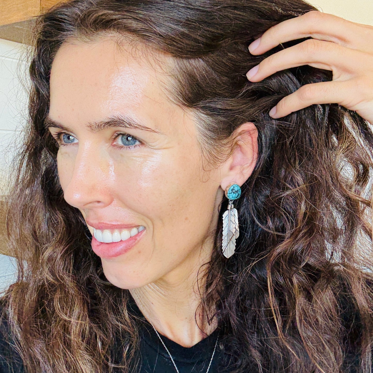 Navajo Lydia Begay Sterling Silver & Kingman Feather Earrings