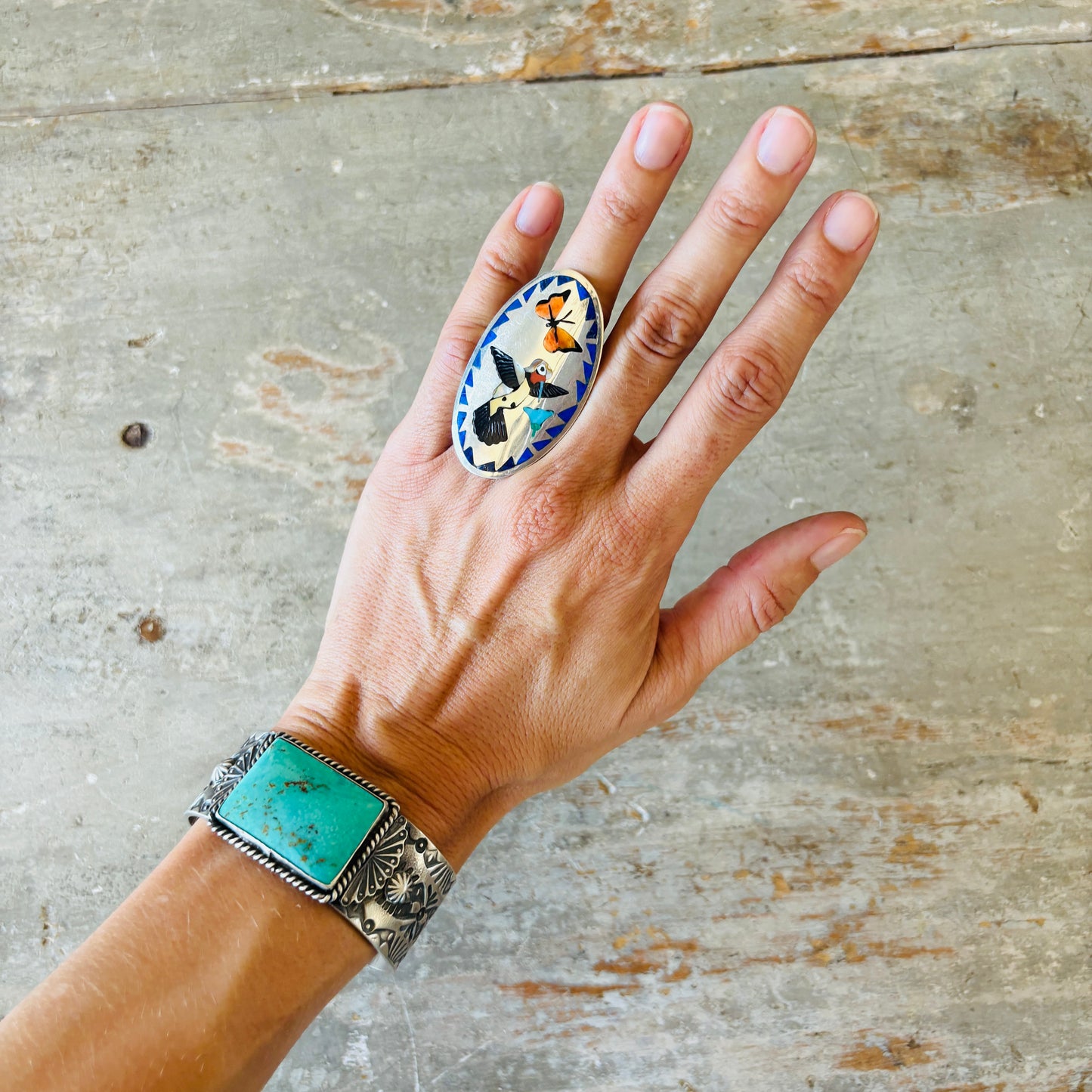 Zuni Q Quam Sterling Silver Hummingbird Inlay Ring