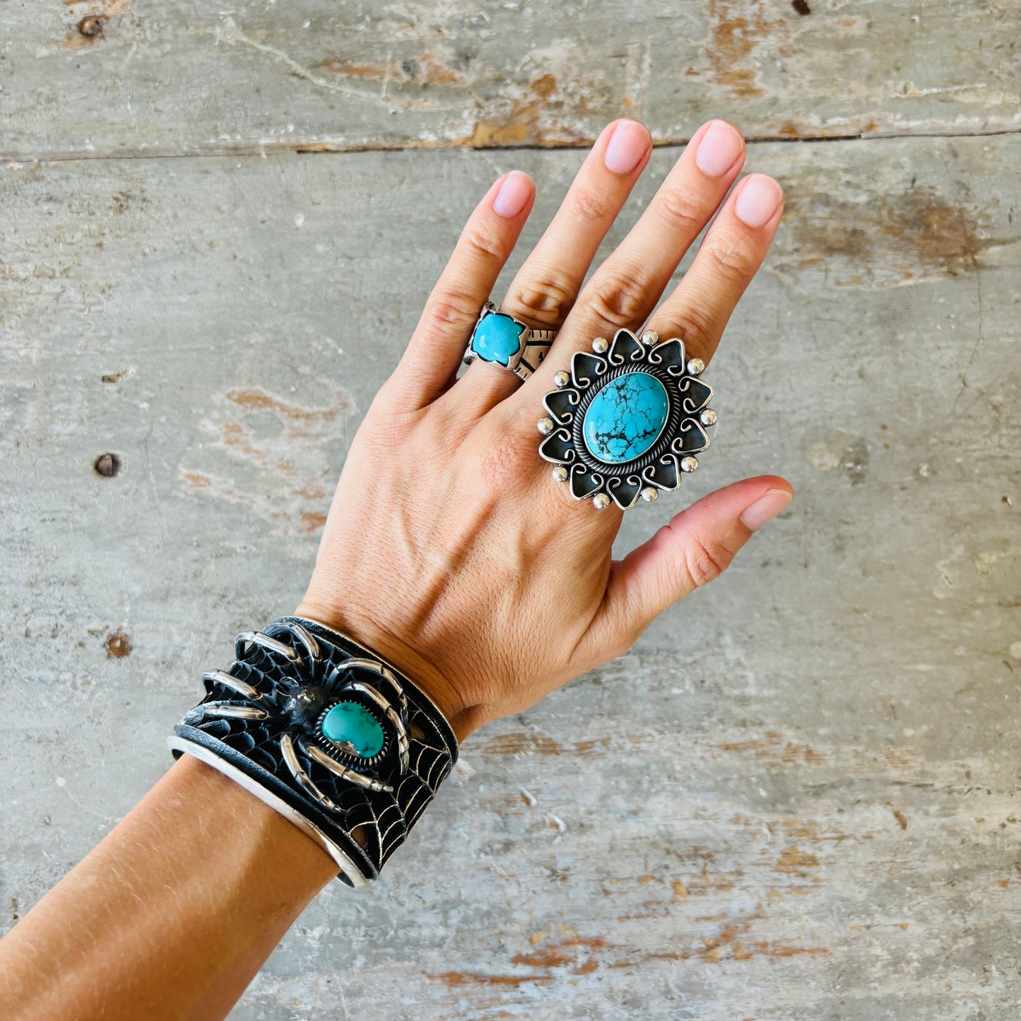 Navajo Floyd Parkhurst Sterling Silver & Carico Lake Turquoise Spider Tufa Cast Cuff