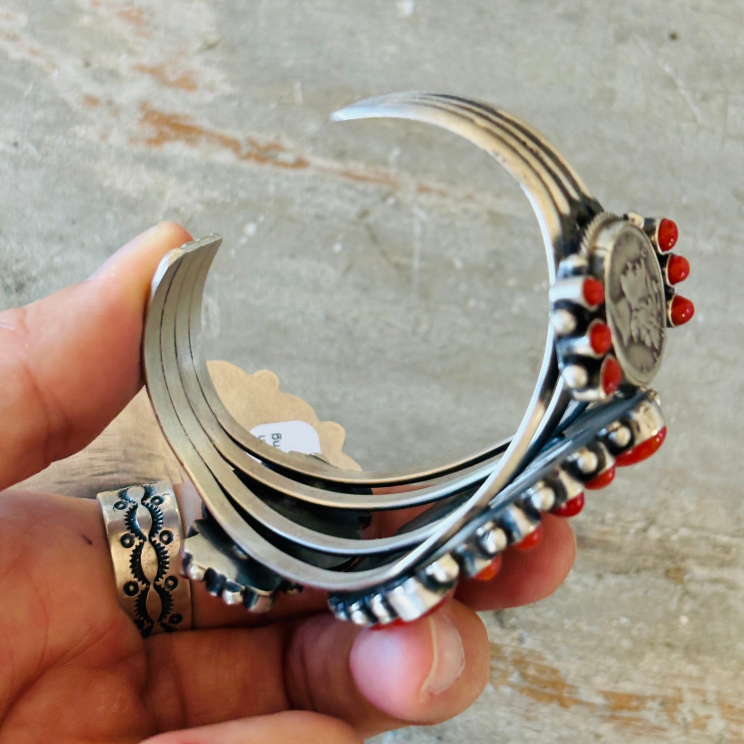 Navajo Darrin Livingston Sterling Silver & Red Coral Coin Cuff