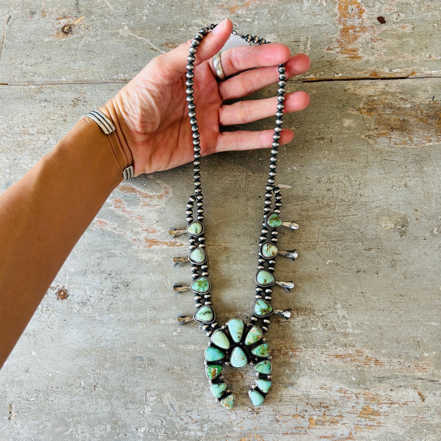 Navajo Rena Shelly Sterling Silver - Carico Lake & Sonoran Turquoise Squash Blossom Necklace