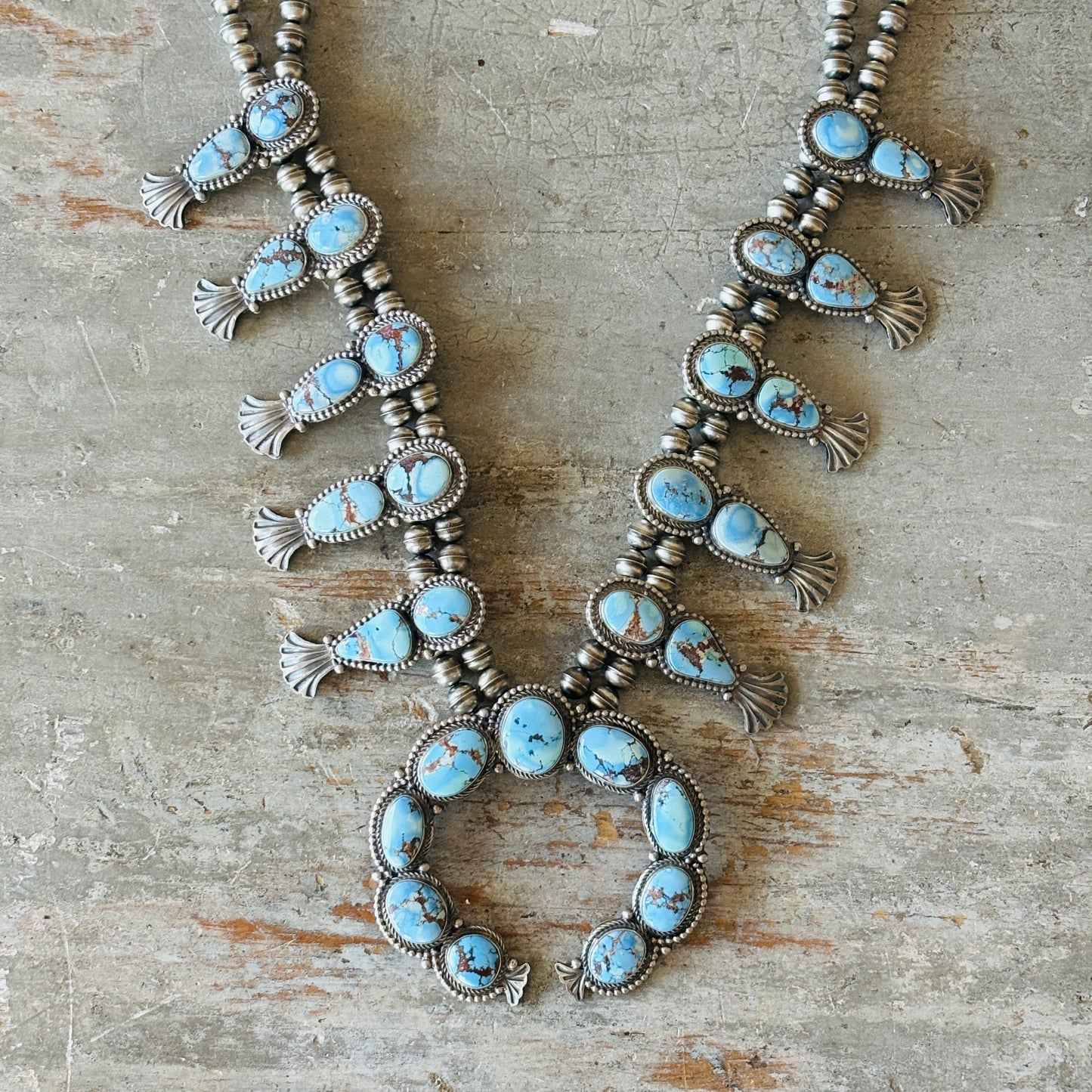 Navajo Justine Tso Sterling Silver & Golden Hills Turquoise Squash Blossom Necklace Set