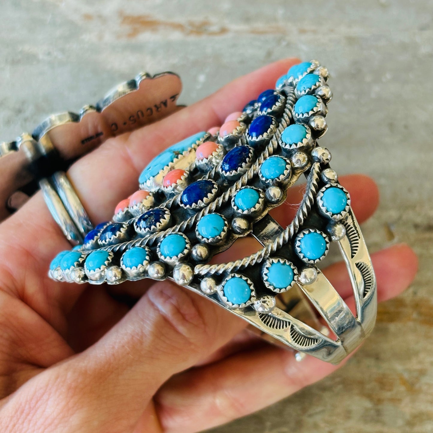 Navajo Lily Kee Sterling Silver Multi Stone Cluster Cuff