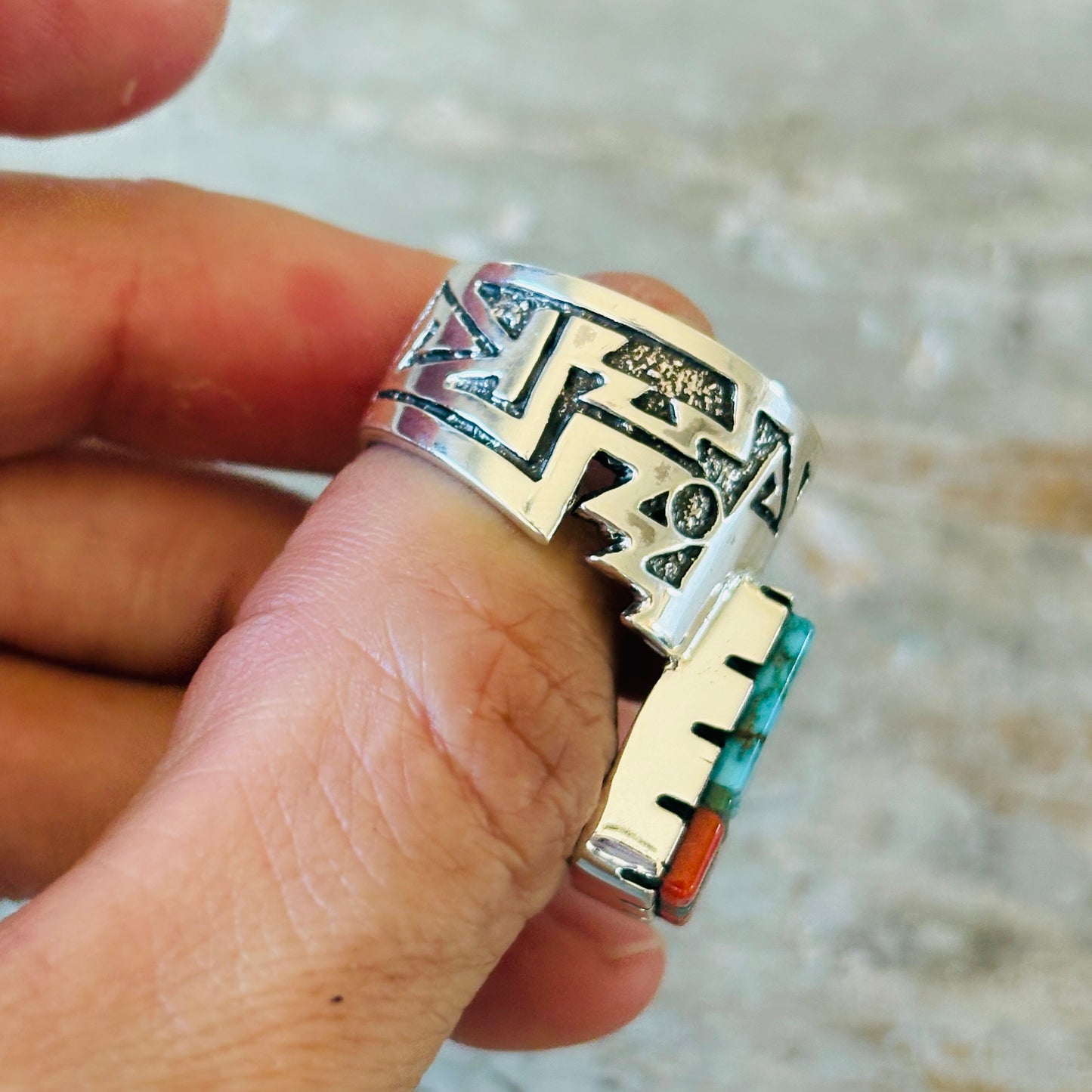 Navajo Richard Tsosie Sterling Silver - Red Coral & Multi Stone Cobblestone Ring