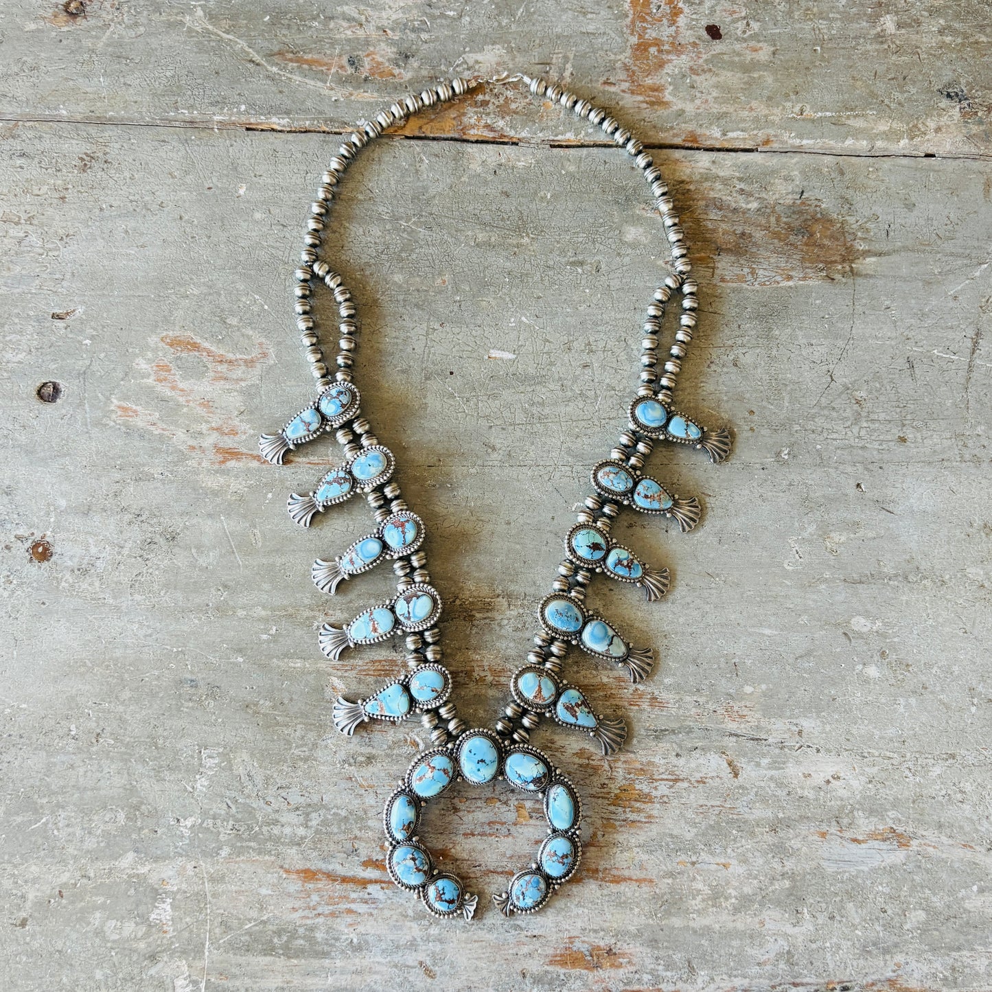 Navajo Justine Tso Sterling Silver & Golden Hills Turquoise Squash Blossom Necklace Set