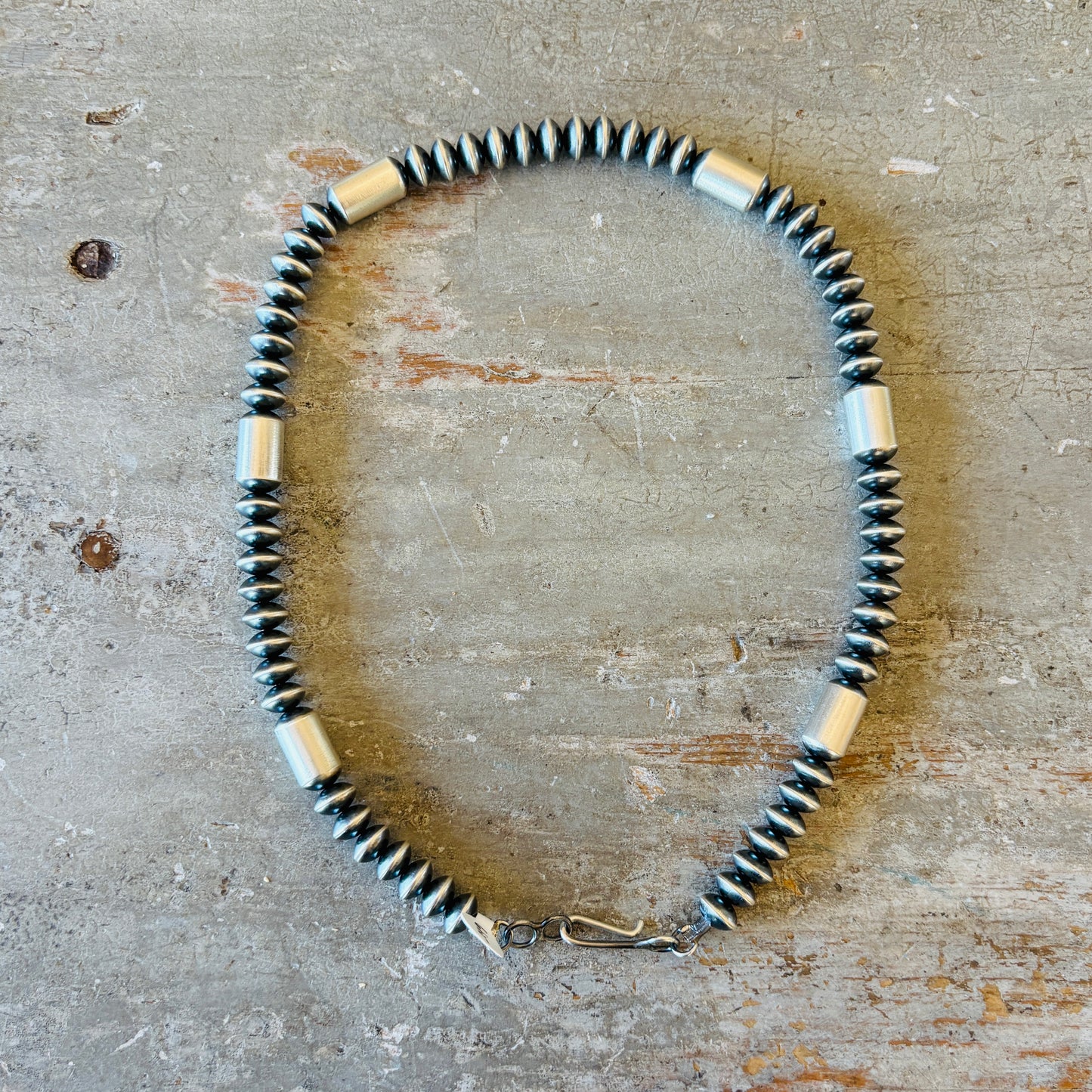 Navajo Tonisha Haley Sterling Silver 10mm Handmade Saucer - Tube Beads Pearl Necklace