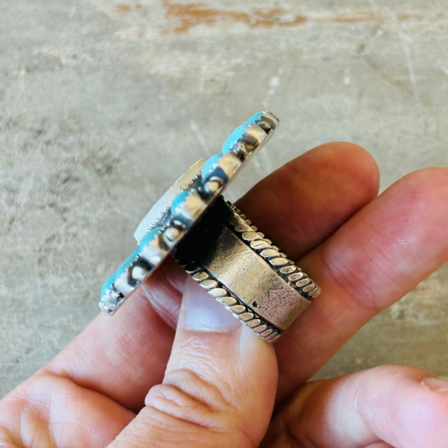 Navajo Kindale Billah Sterling Silver & Campitos Turquoise Canoe Ring