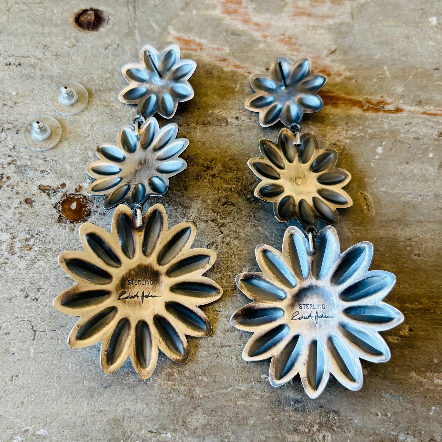 Navajo Robert Johnson Sterling Silver - Lapis - Red Spiny & Kingman Turquoise Floral Concho Earrings