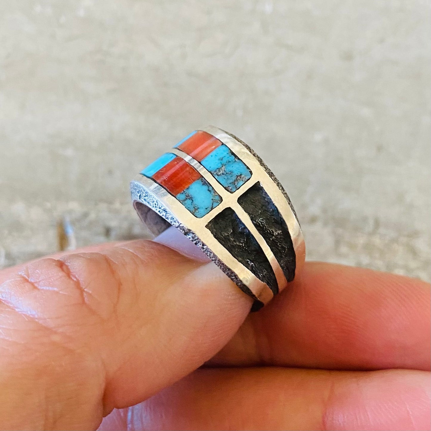 Navajo Lester James Sterling Silver Multi Stone Inlay Tufa Cast Ring