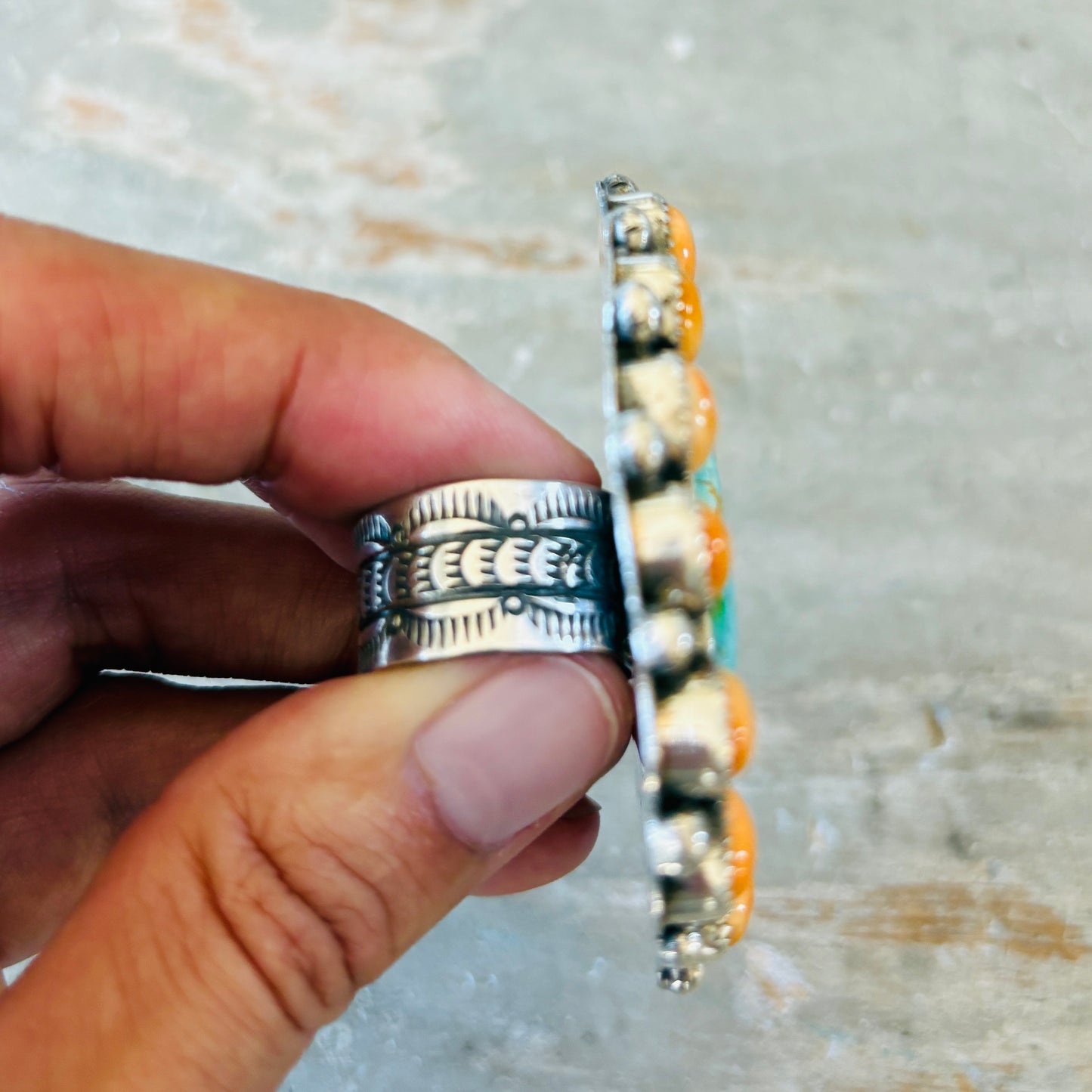 Navajo Dustin Francisco Sterling Silver - Orange Spiny Oyster & Royston Turquoise Cluster Ring