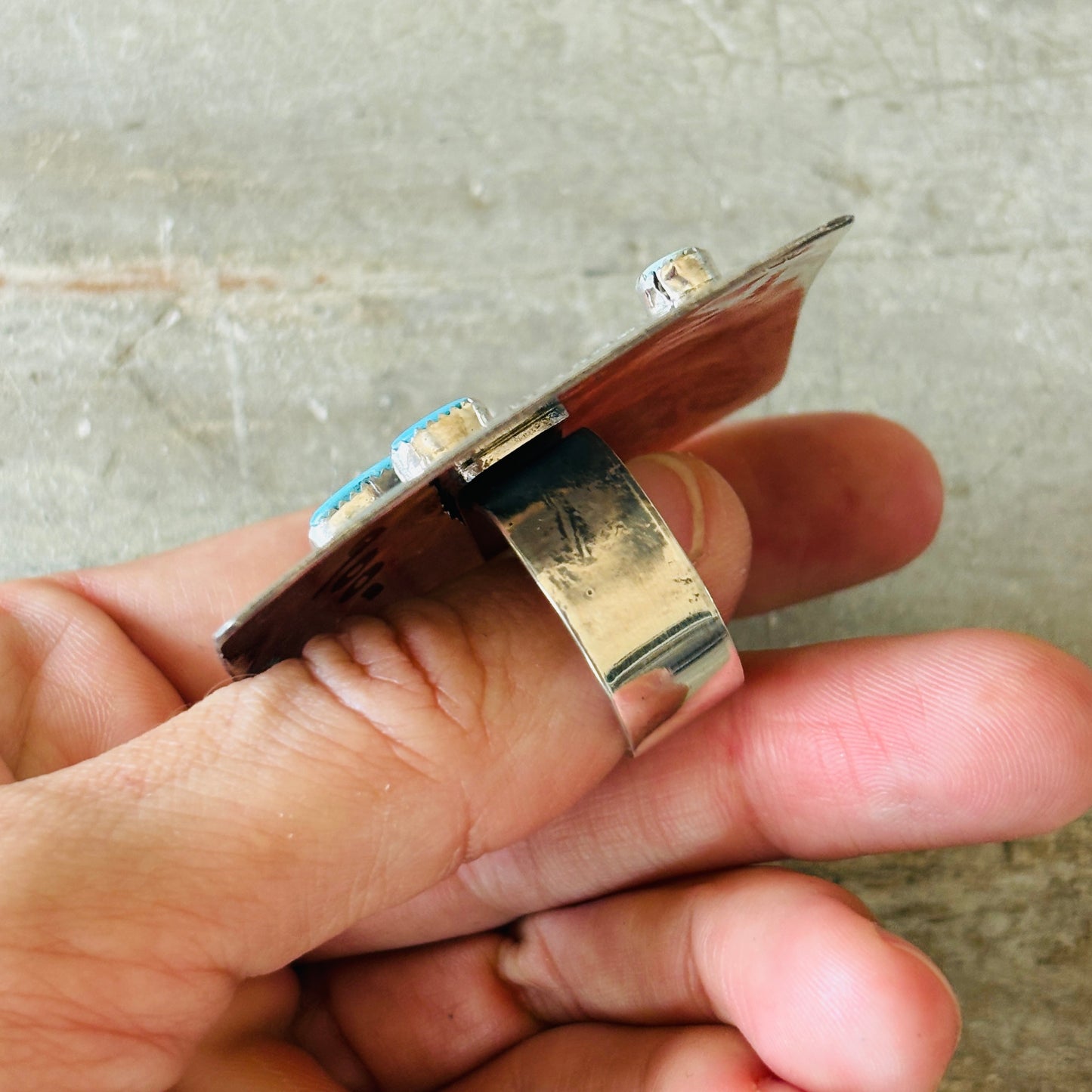 Navajo Hemerson Brown Sterling Silver & Kingman Turquoise Cactus Ring