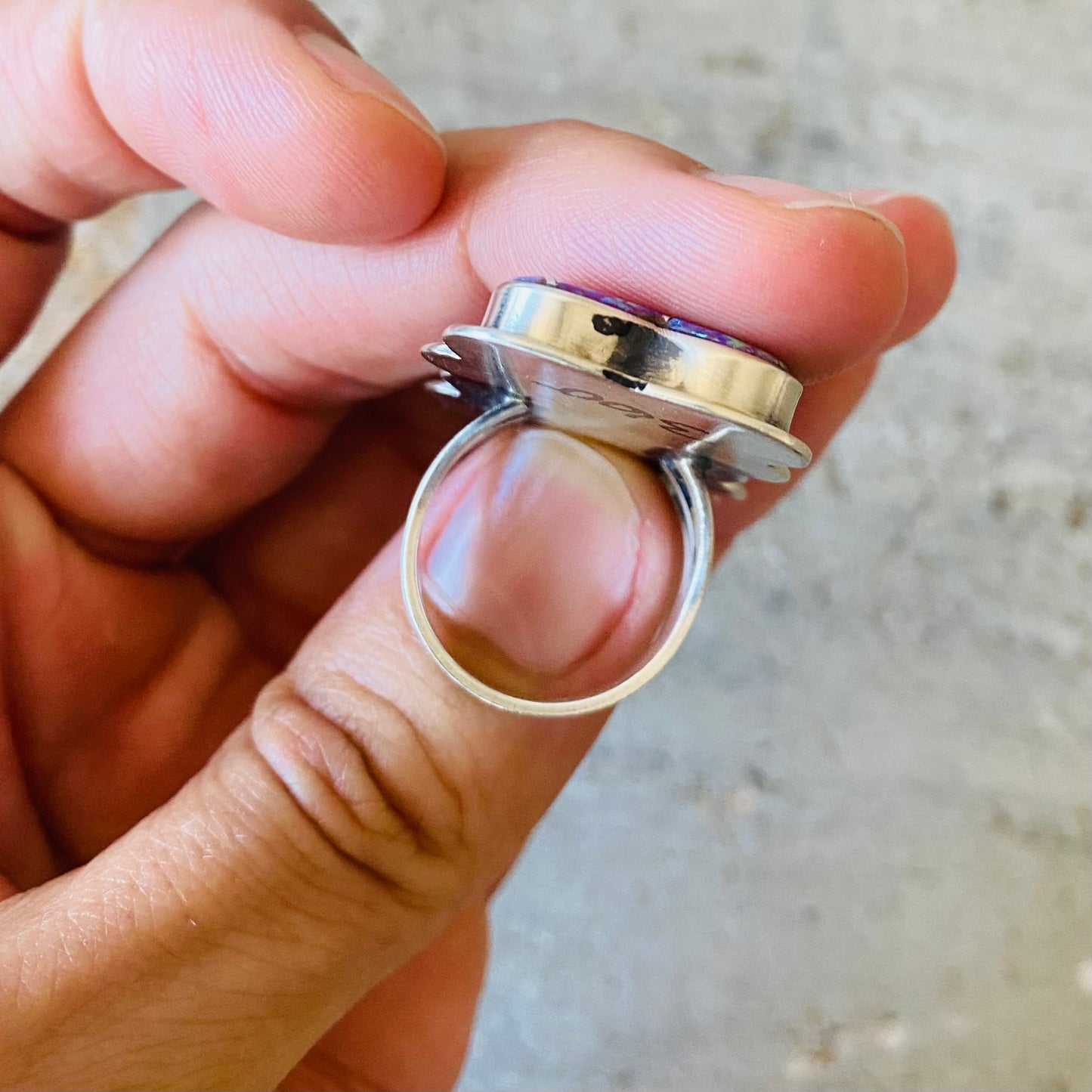 Navajo Signed Sterling Silver & Purple Blue Lab Opal Hearts Ring