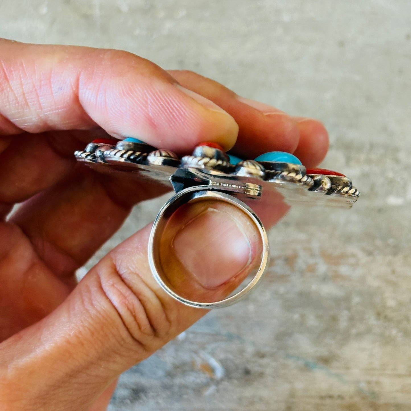 Navajo Tyler Brown Sterling Silver - Red Coral & Kingman Cluster Statement Ring