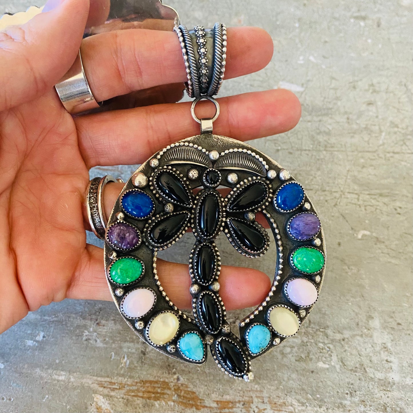 Navajo Myron Etsitty Sterling Silver Multi Stone Dragonfly Pendant