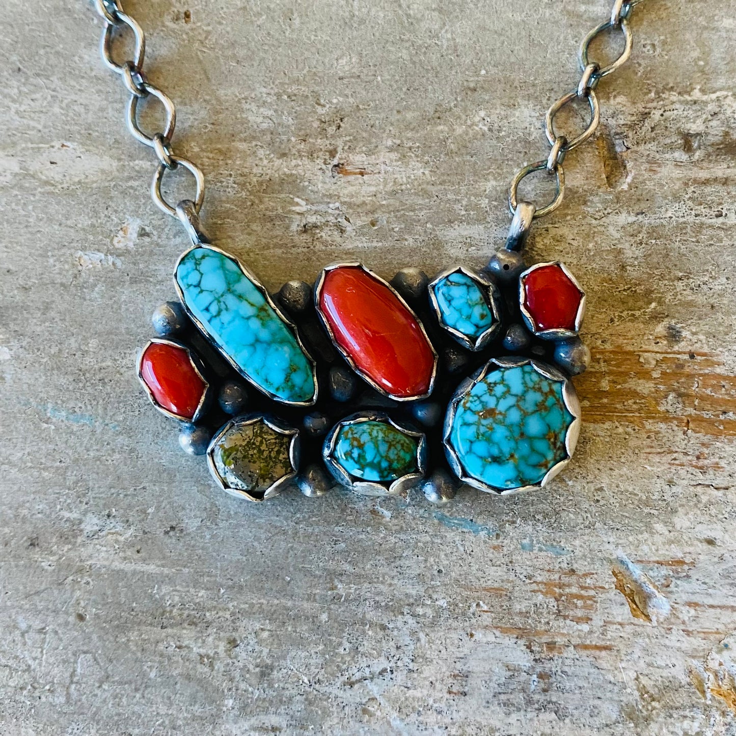 Navajo Dave Skeets Sterling Silver Red Coral & Turquoise Necklace