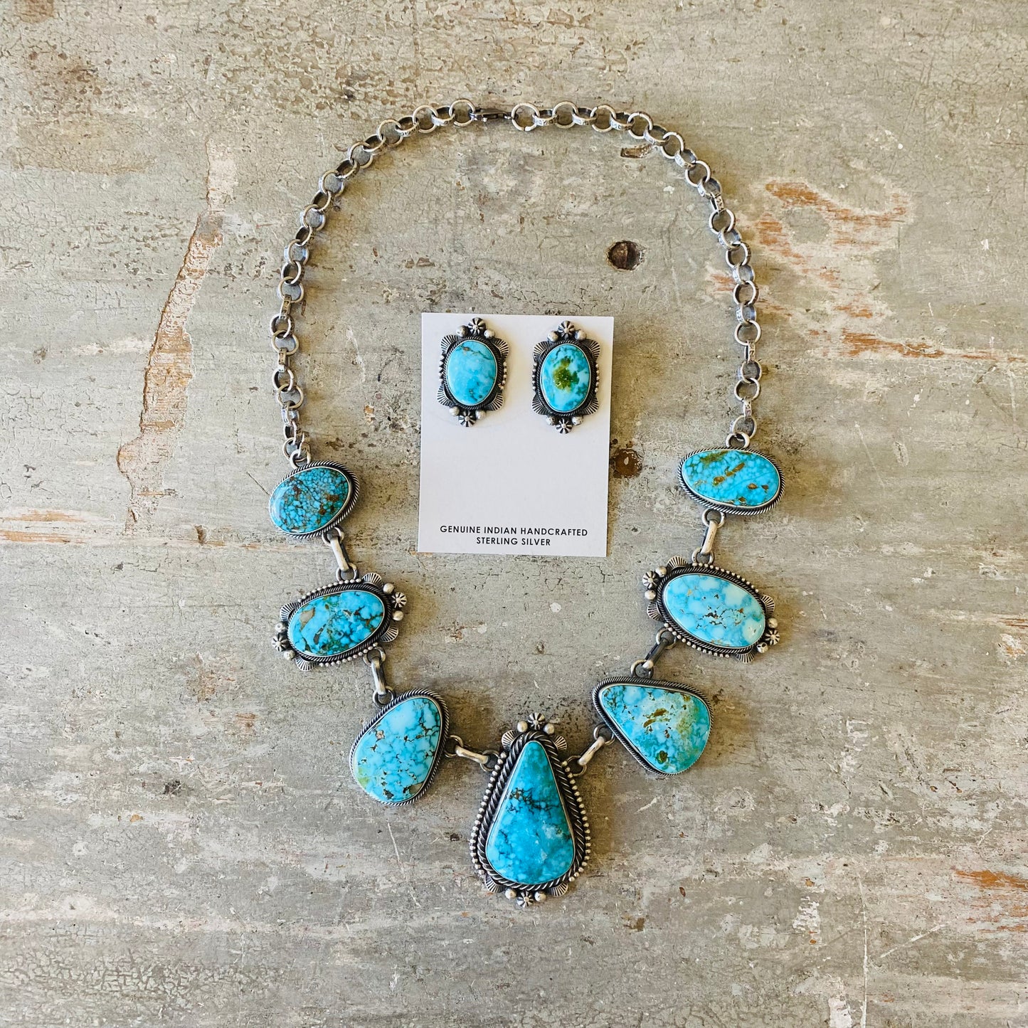 Navajo Eli Skeets Sterling Silver & Sonoran Gold Turquoise Statement Necklace - Earrings