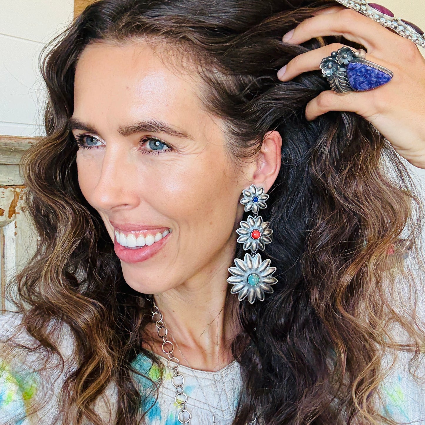 Navajo Robert Johnson Sterling Silver - Lapis - Red Spiny & Kingman Turquoise Floral Concho Earrings