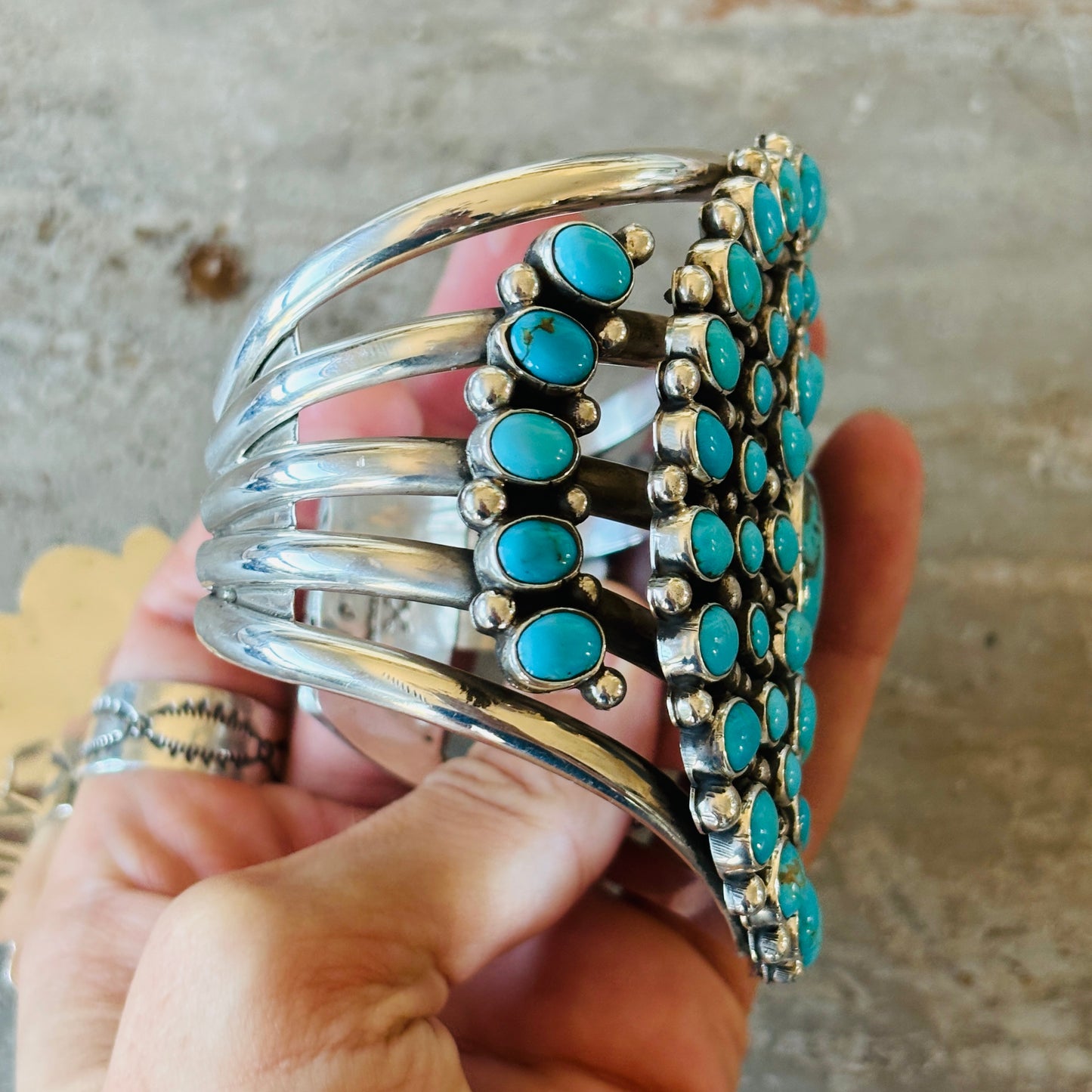 Navajo Melvin & Tiffany Jones Sterling Silver & Kingman Turquoise Cluster Cuff