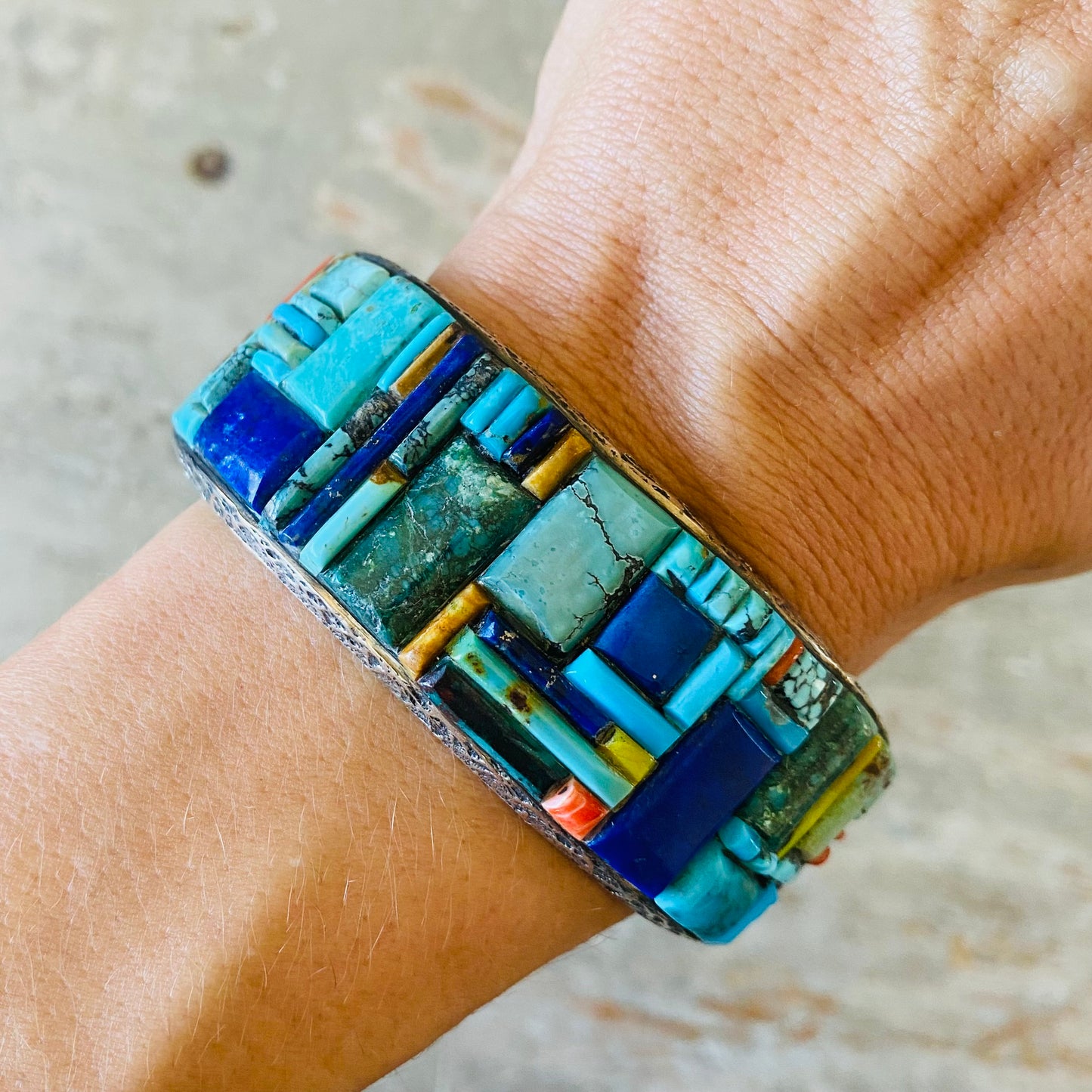Navajo Lester James Sterling Silver & Multi Stone Tufa Cast Cuff