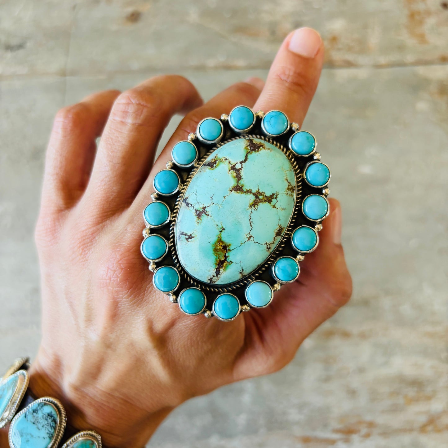 Navajo Geraldine James Sterling Silver - Kingman & Sonoran Gold Turquoise Cluster Ring